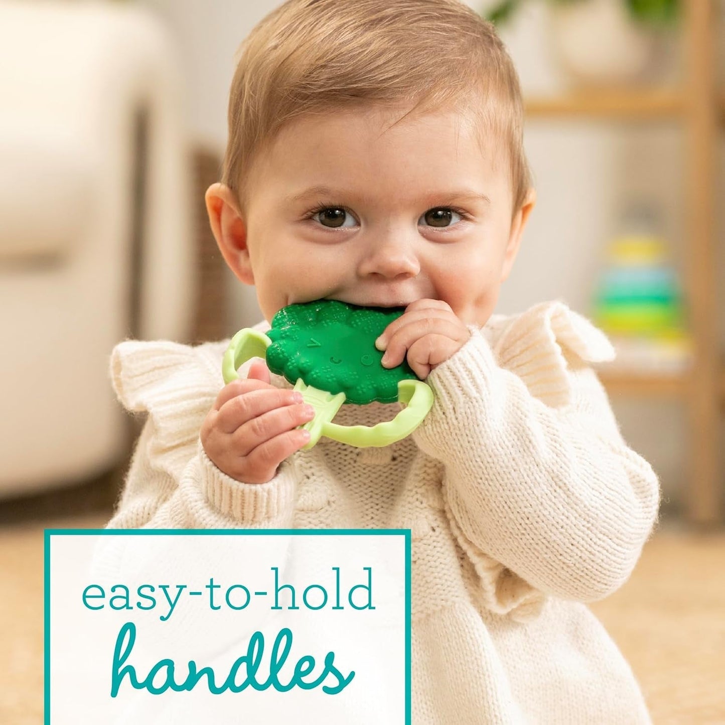 Infantino Lil' Nibbles, tekstureret silikonebider, BPA-fri babybitring, blødt, let at holde, sansestimulering til spædbørn, broccoli