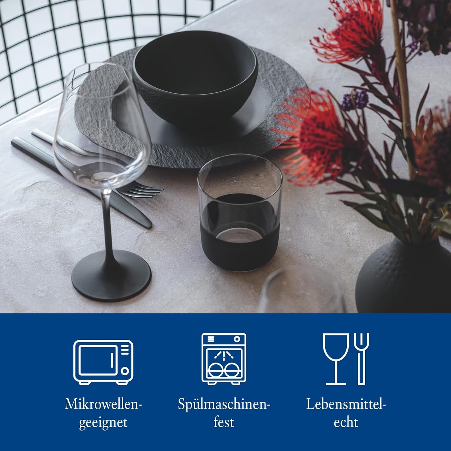 Villeroy & Boch Manufacture Rock Starter Sæt, 6 dele, sort, Tåler opvaskemaskine, Tåler mikrobølgeovn, Matsort Spisesæt, Spisestel, Bestik, Premium Porcelæn