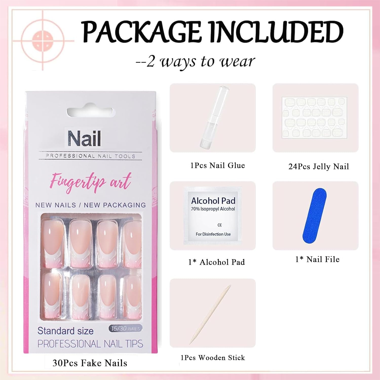 30 stk franske falske negle - lim på kunstige negle - bløde gelnegle til kvinder - Akrylklæbende negle Firkantet manicure (fransk pink)