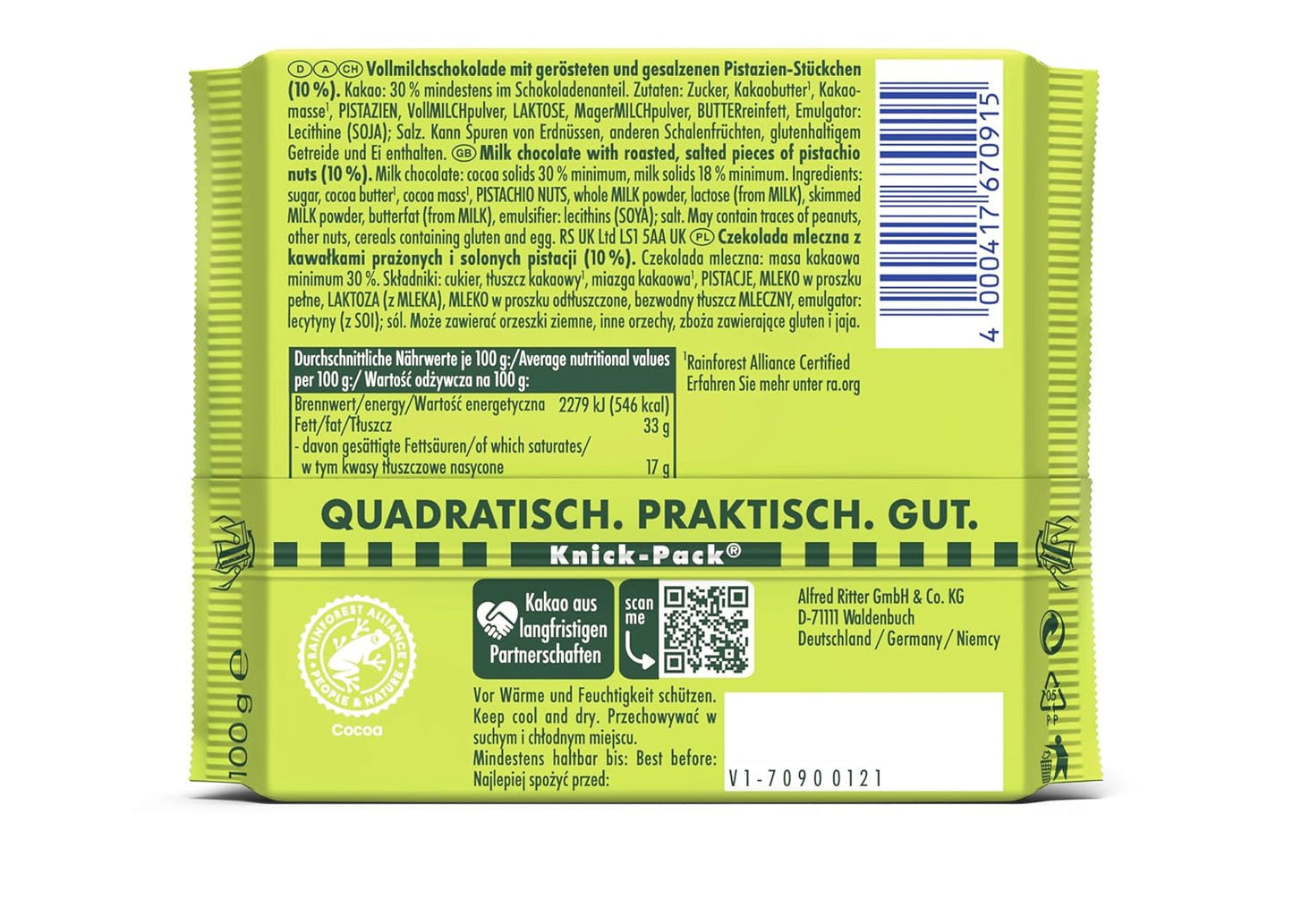 Ritter Sport Pistachio, mælkechokolade med fine pistaciestykker, en chokoladeklassiker, perfekt til at snacke og nyde, en god gaveide, 12 barer x 100g