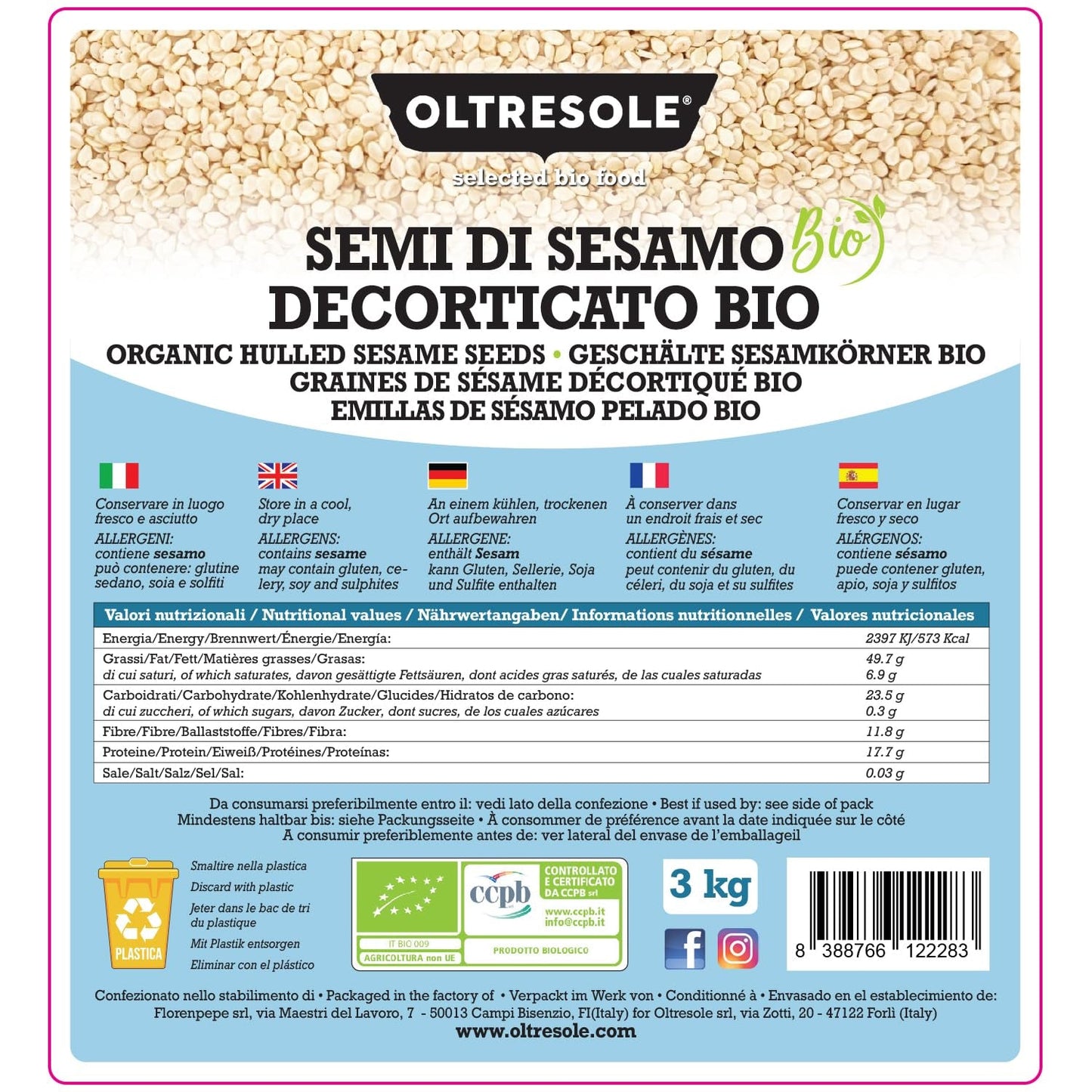 Økologiske sesamfrø 3 kg, rå økologiske oliefrø, hvid sesam, naturligt afskallet, uristet, kilde til calcium og jern, økonomipakke