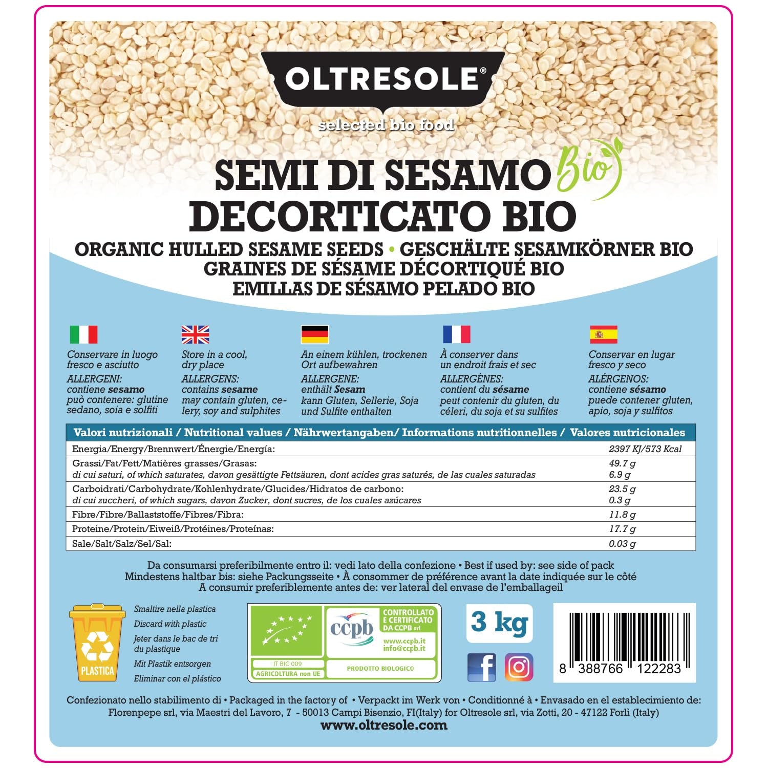 Økologiske sesamfrø 3 kg, rå økologiske oliefrø, hvid sesam, naturligt afskallet, uristet, kilde til calcium og jern, økonomipakke