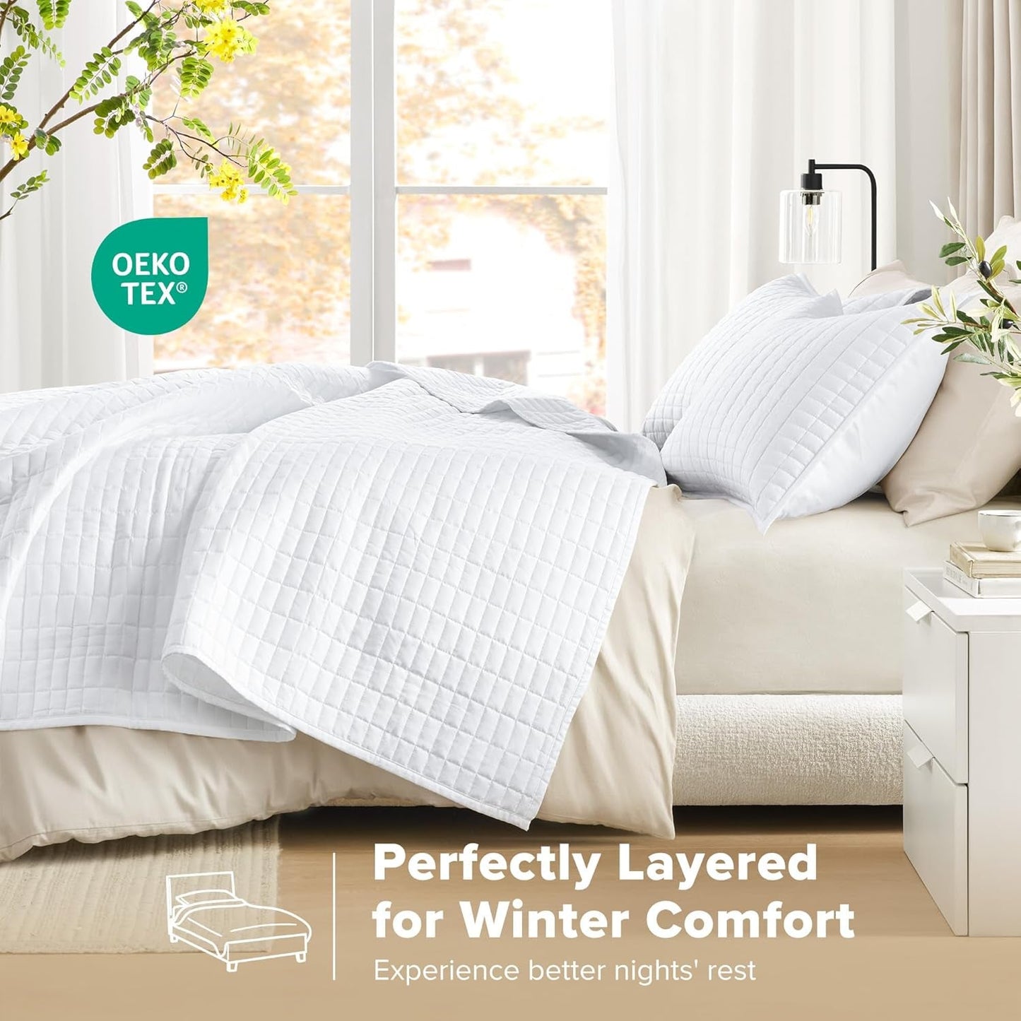Comfort Spaces Kienna Quilt Sæt Luksus Dobbelt Stitch Sommertæppe Letvægts Blødt Helårs Sengetøj Matchende pudebetræk Hvid King Size tæppe (264,2 X 228,6 Cm) Naty Shop Dyner og dyner