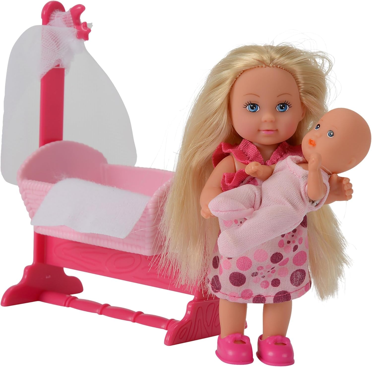 Simba 105736242 - Evi Love Doll Cradle 2 Assorteret Evi som barnepige med vugge og baby modedukke 12 cm fra 3 år og opefter