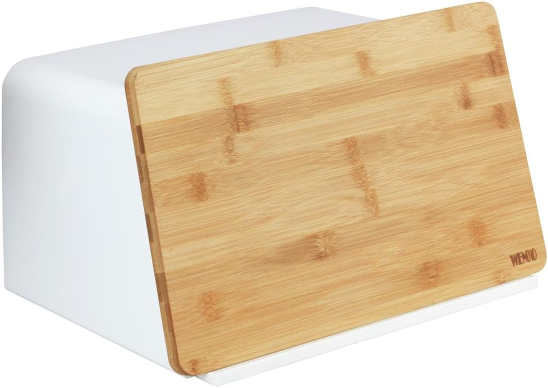 WENKO Kubo brødkurv med bambusbræt, alsidig brødopbevaring med låg og integreret bambusskærebræt, madopbevaringsboks, holdbart brødopbevaring, 35 x 20,5 x 26 cm, sort/naturlig Naty Shop madopbevaringsbokse hvid/brun