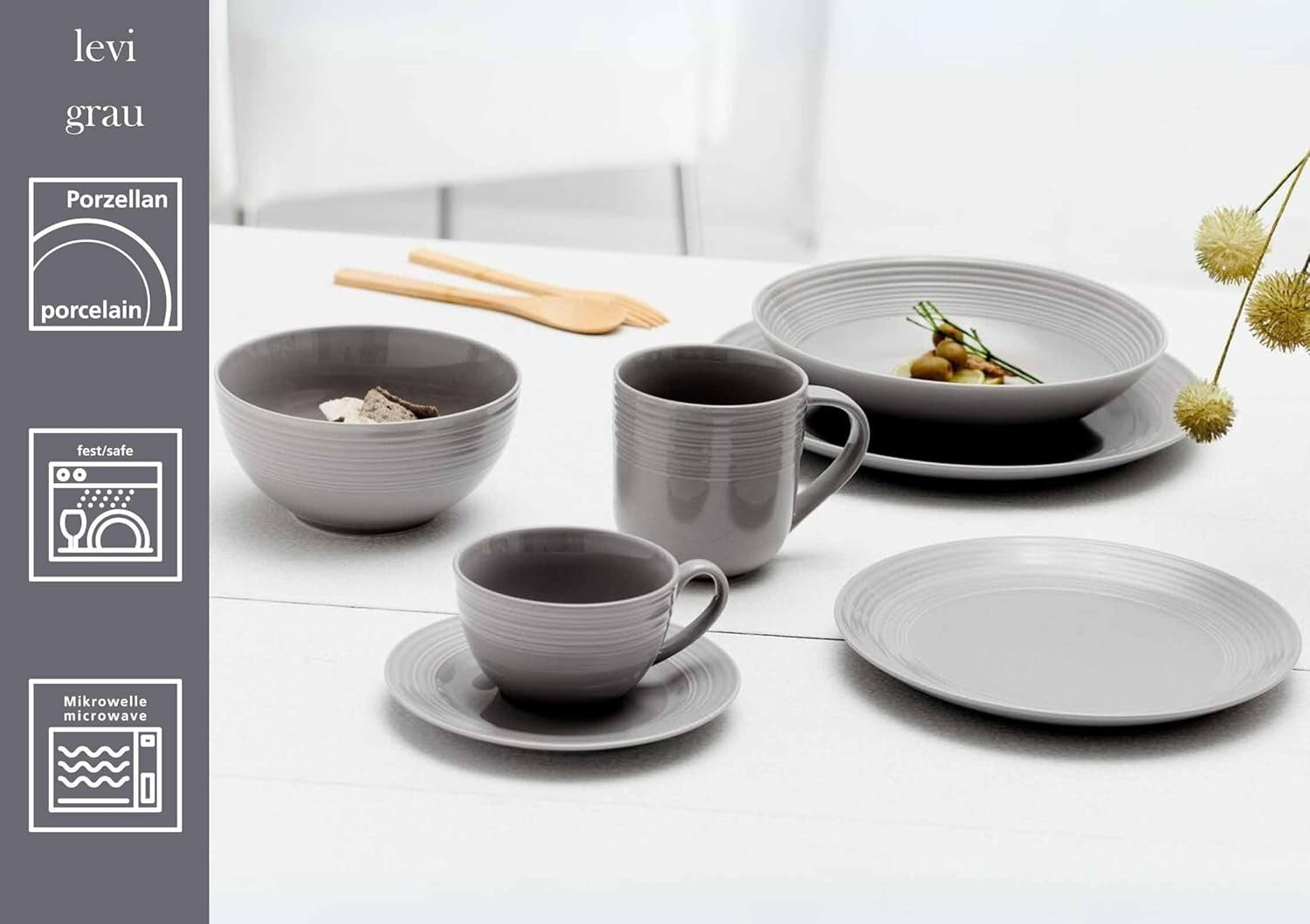 Ritzenhoff & Breker Levi 16-delt porcelænssæt, tallerkener, skåle og krus til 4, skandinavisk design med fint riflet relief, Mix & Match-stel, porcelæn, hvid og grå