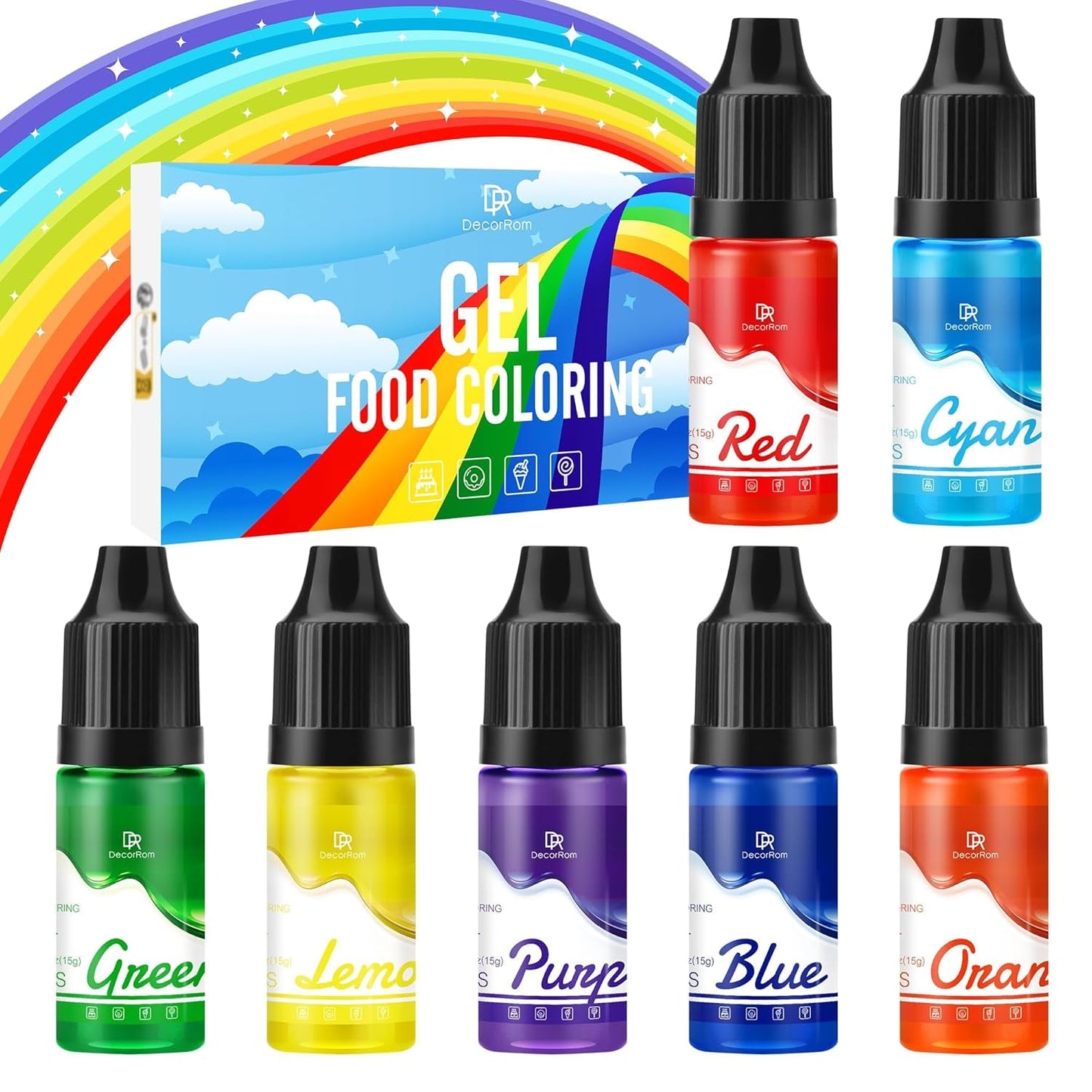 Gel madfarve - 7 x 15 ml koncentreret regnbuefarve til kagepynt, bagning, småkager, macarons - Sukkerfri madfarve til drikkevarer, kagepynt, Slime DIY