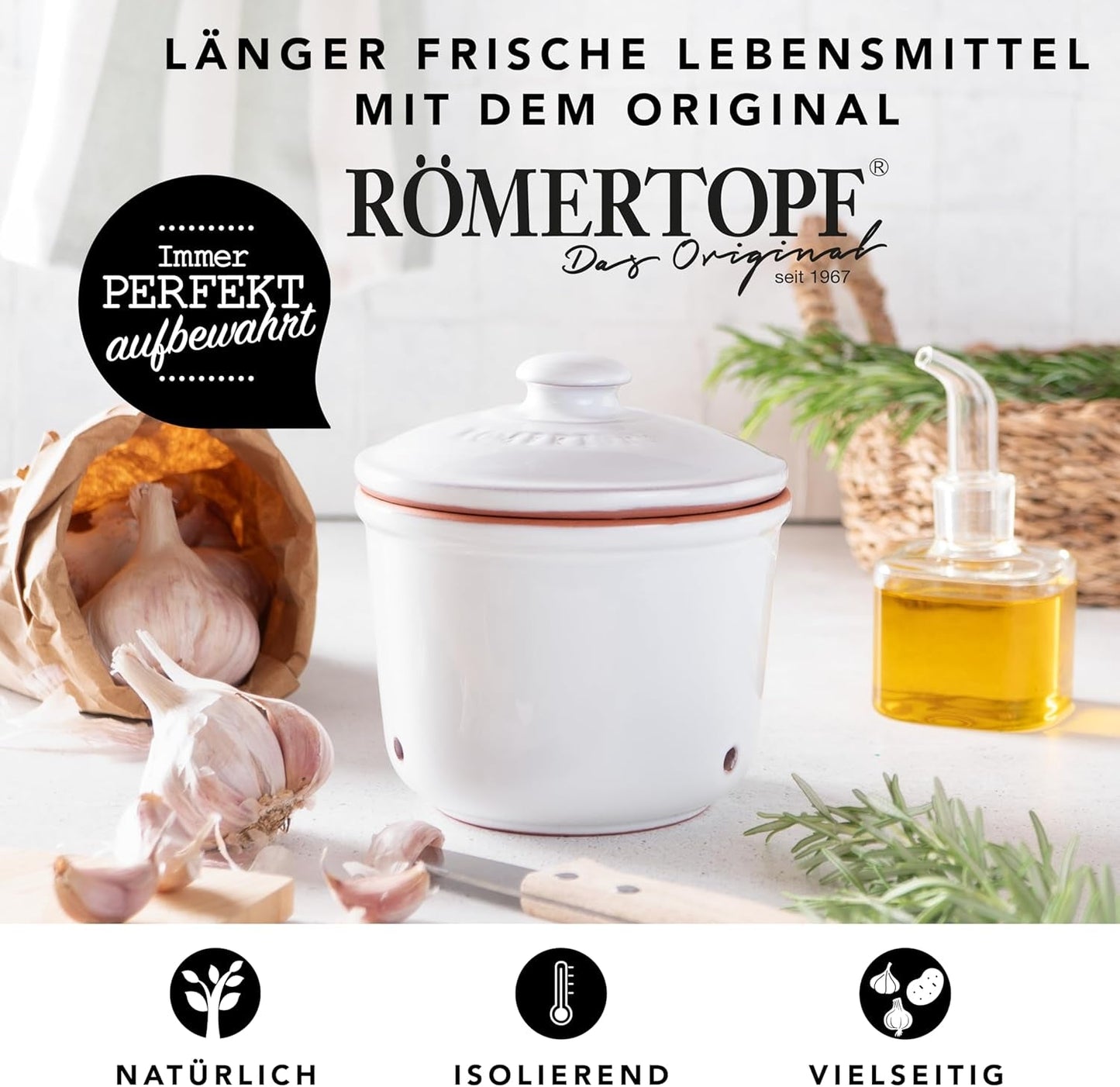 Römertopf Fresh Pot MINI 0,6 liter - Keramisk hvidløgsgryde - Åndbart ler holder grøntsager friske i længere tid - Ideel luftcirkulation - Hvide madkasser Naty Shop