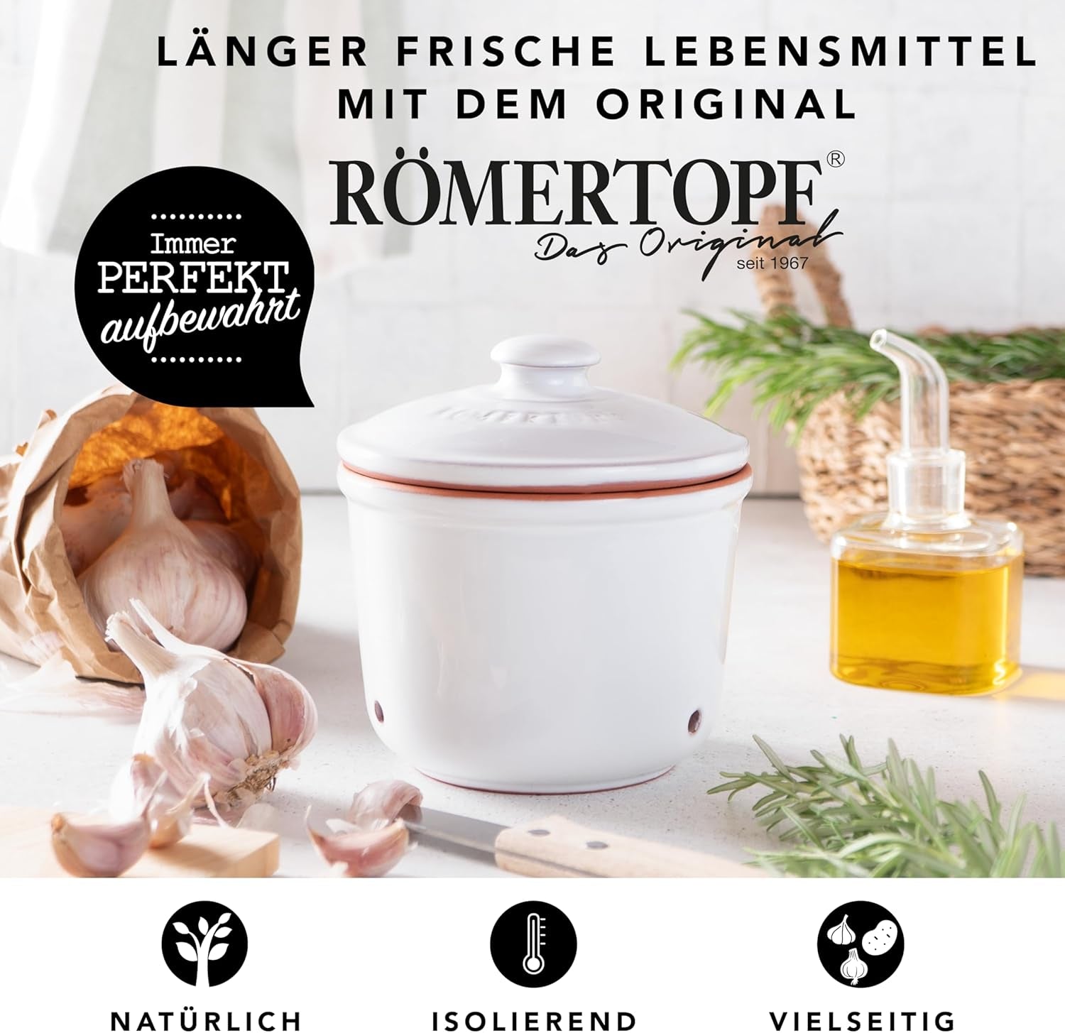 Römertopf Fresh Pot MINI 0,6 liter - Keramisk hvidløgsgryde - Åndbart ler holder grøntsager friske i længere tid - Ideel luftcirkulation - Hvide madkasser Naty Shop