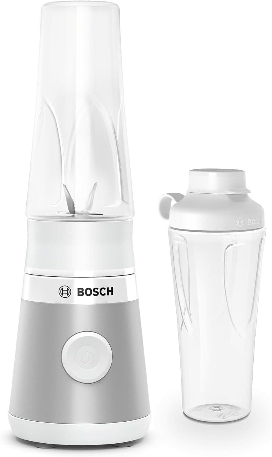 Bosch Mini-Standmixer Vitapower Serie 2 MMB2111S, Highspeed-Mixer, Bis Zu 40.000 Rpm, Tritan Togo-Flasche 0,6 L, Trinkdeckel, Bruchsicher, Spülmasch.Geeignete Teile, 450W, Silber/Schwarz Kitchen Naty Shop Single Silber