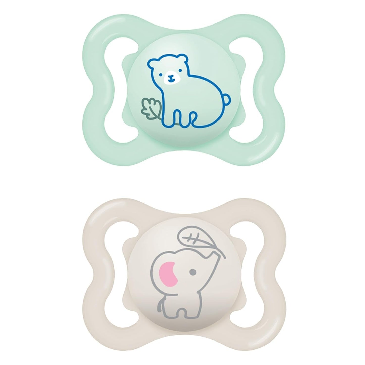 MAM Air Silikonesut 2 Pack Ekstra let og luftigt design Tandvenlig babysut Lavet af MAM SkinSoft Special Silikone med sutteæske 6-16 måneder Bjørn/næsehorn