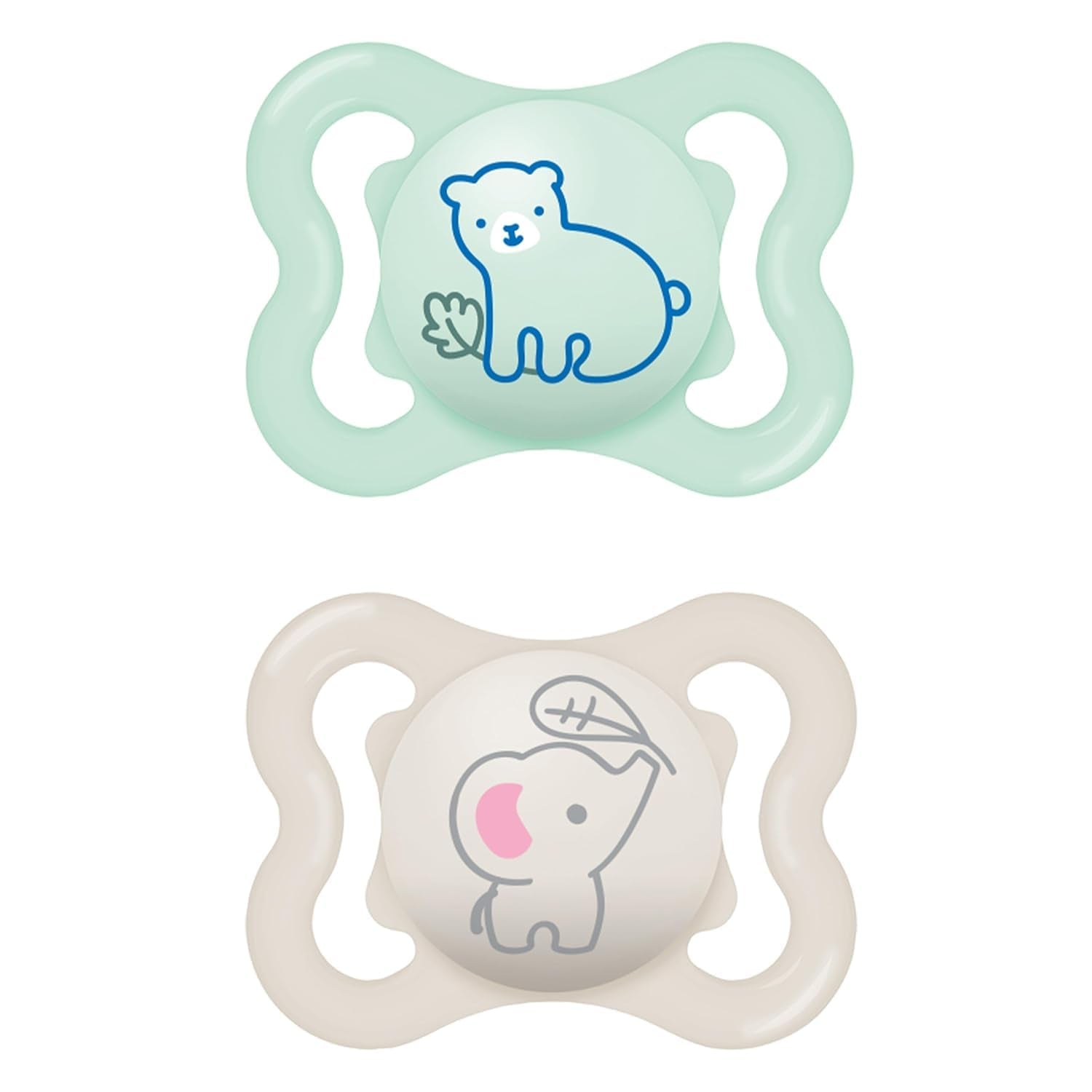 MAM Air Silikonesut 2 Pack Ekstra let og luftigt design Tandvenlig babysut Lavet af MAM SkinSoft Special Silikone med sutteæske 6-16 måneder Bjørn/næsehorn