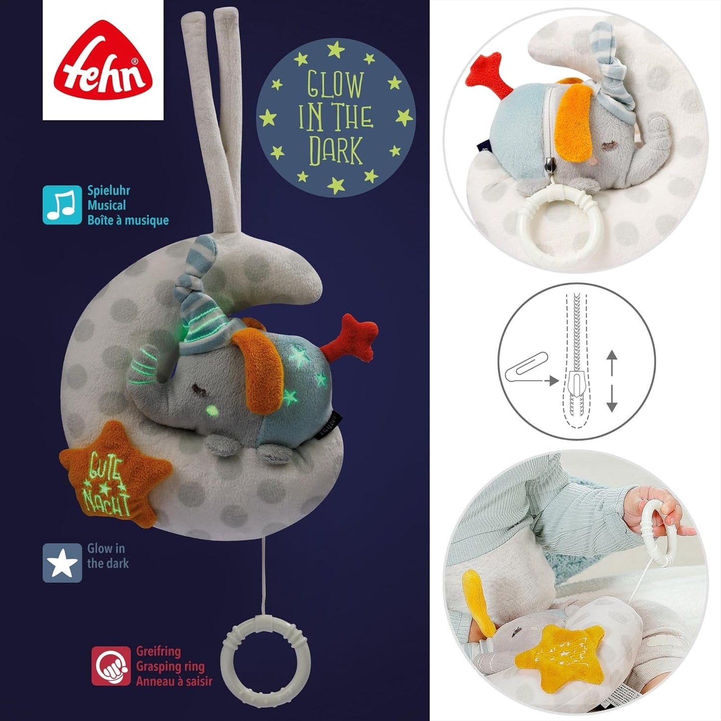 Fehn spilledåse babyelefant i månen - broderi "Glow-in-the-dark" med sangen "The moon has risen" - plyslegetøj til at hjælpe dig med at falde i søvn - legetøj til børn på farten og derhjemme - fra 0+ måneder Babylegetøj Naty Shop