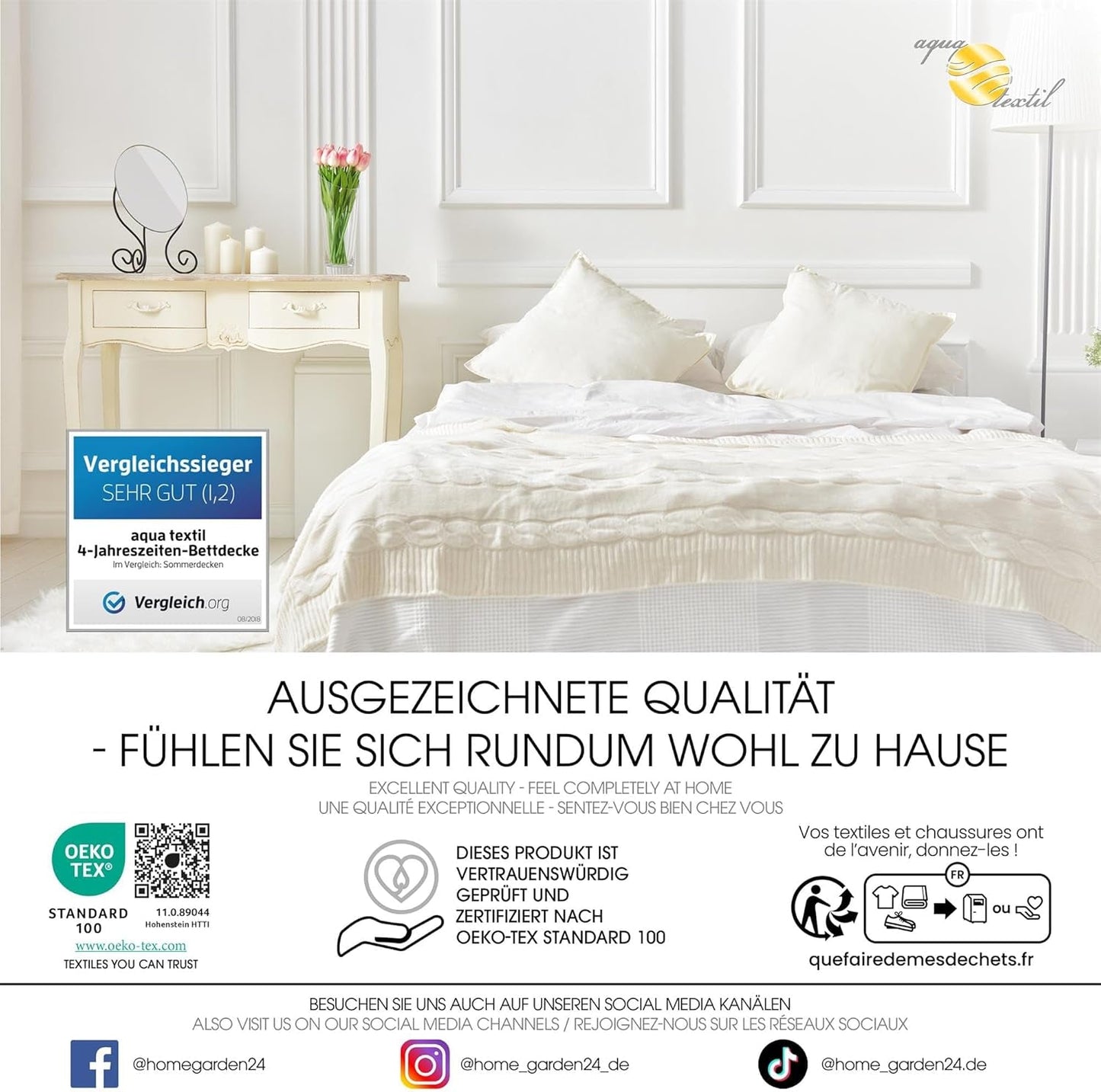 Aqua-Textil 4-sæsons quilt 135X200Cm Tæpper knyttet sammen Vinter 800G Sommer 600G Klimastyring Oeko-Tex Dyner og dyner Naty Shop