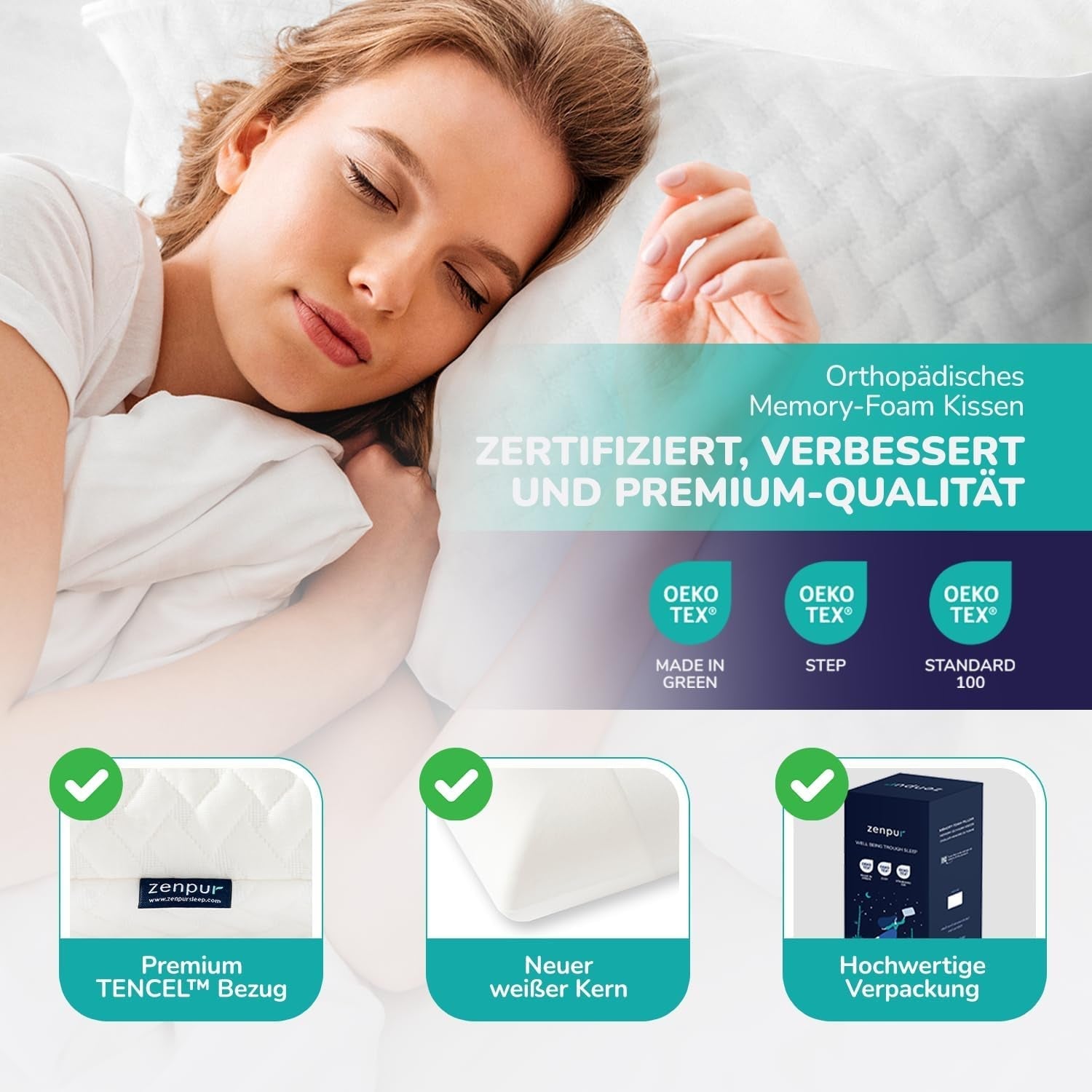 ZenPur Ortopædisk Nakkepude 40x60-13cm, Memory Foam Hovedpude - Ergonomisk sovepude til nakke og skuldre, Oeko-TEX certificeret