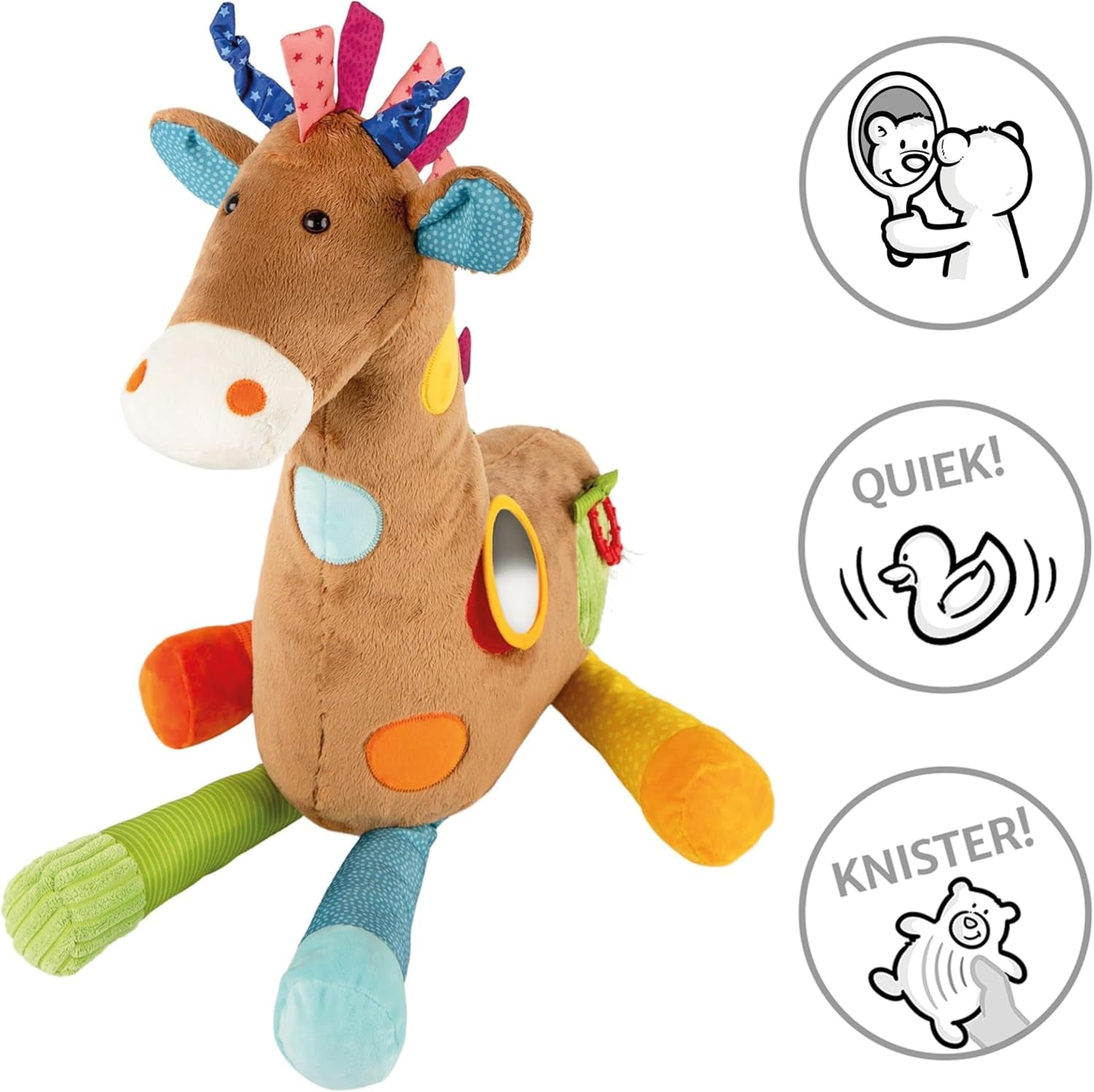 SIGIKID 42863 Giraffe XXL babylegetøj, PlayQ pædagogisk legetøj, plyslegetøj med bidering, rangle, spejl, knirkende, til babyer og børn fra 3 måneder, multifarvet/giraf 72 cm legetøj Bebe Naty Shop