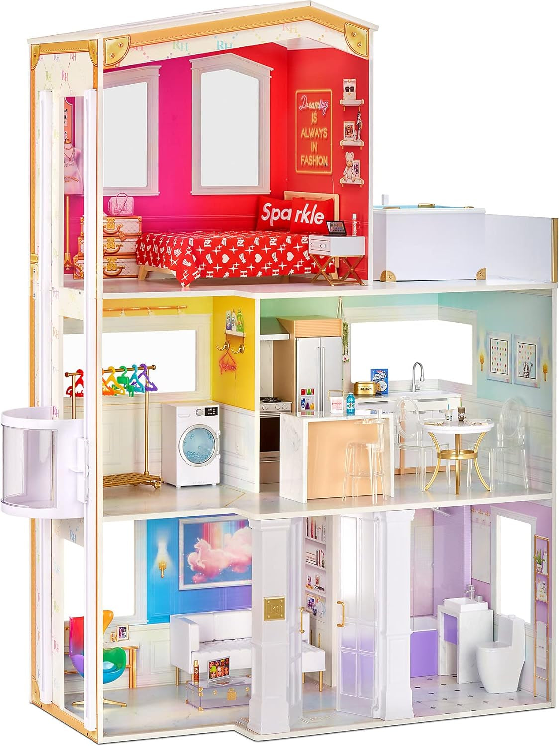 Rainbow High Townhouse - 3-Story Wooden Dollhouse with 5 Colorful Rooms and Terrace - Fully Furnished House with Elevator and Functional Accessories - Toy for 4-12+ Years Old Dollhouses Naty Shop 2021 Rainbow High House