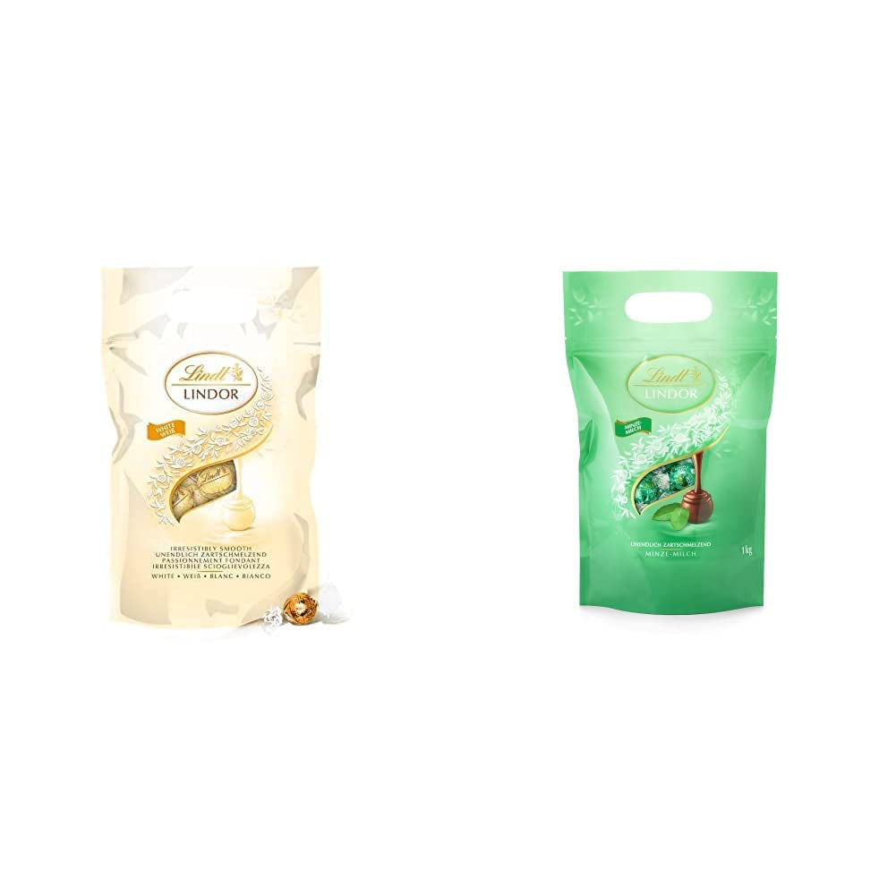 LINDOR hvide chokoladekugler, 1 kg og LINDOR | 1 kg genlukkelig pose | ca. 80 mælkechokoladekugler med myntefyld | Bulkpakke, pralinegave, chokoladegave