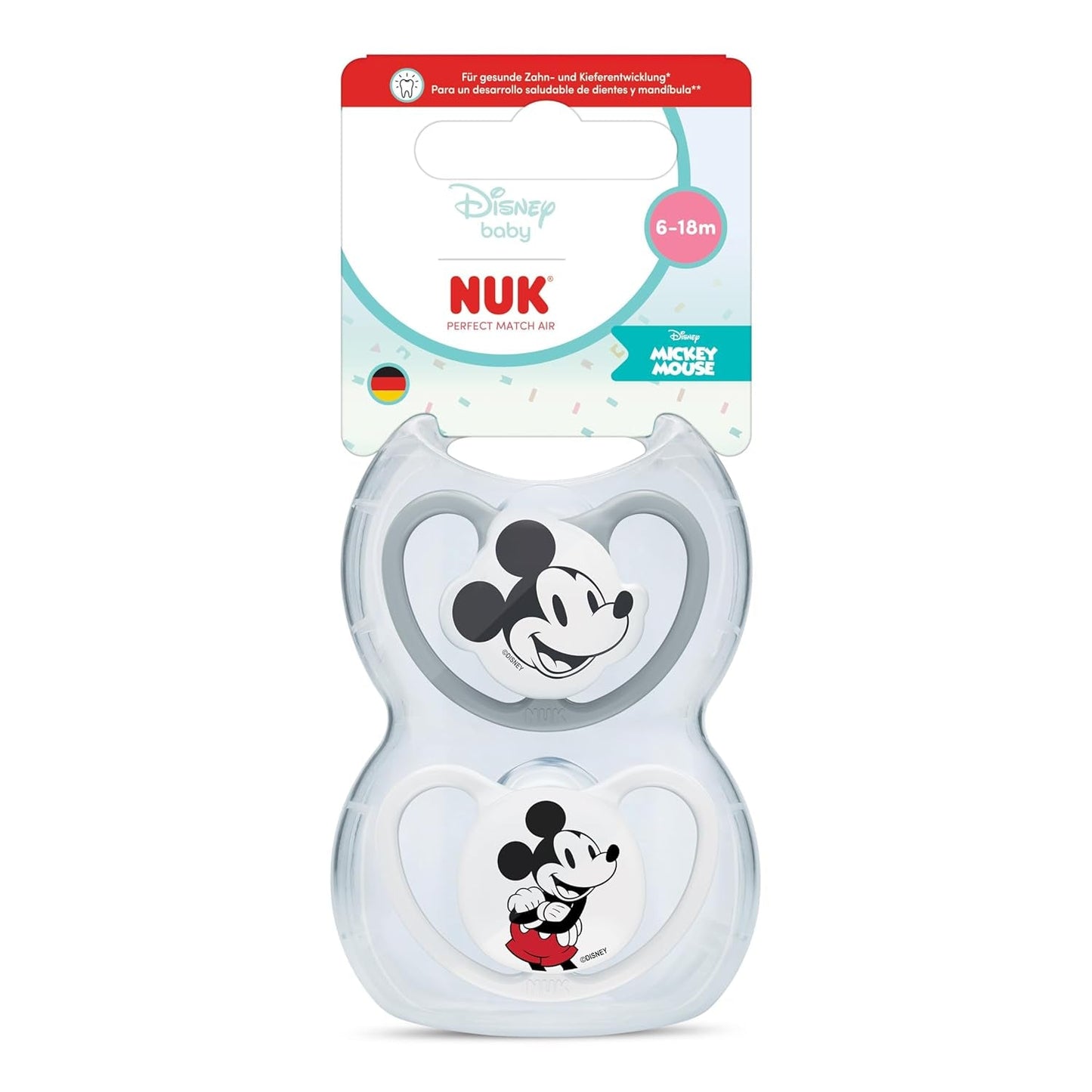 NUK Perfect Match luftsutter til babyer | 6-18 måneder | Ortodontiske sutter, der fremmer luftcirkulationen og forhindrer udslæt forårsaget af spyt | 95 % accept af babyer** | Disney Mickey Mouse | Pakke med 2