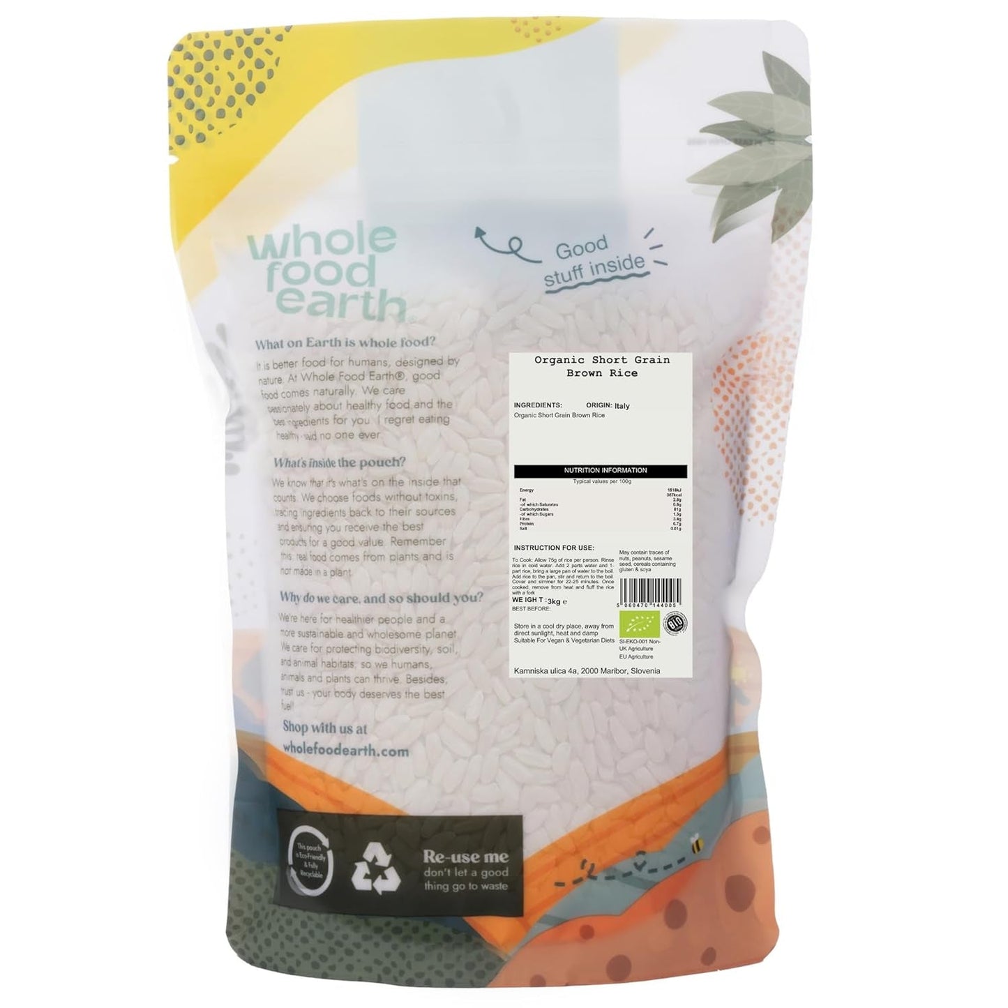 Wholefood Jord Økologisk Kortkornet Brun Ris 3 kg Ikke-GMO vegansk kilde til fibre fra kontrolleret økologisk landbrug