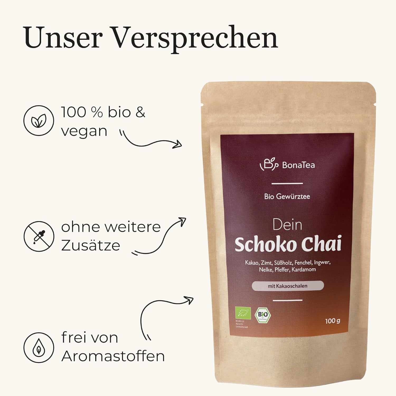 BIO Schoko Chai krydret te uden sukker, med kakaobælge, kanel, lakrids og andre aromatiske Chai-krydderier, 100 g