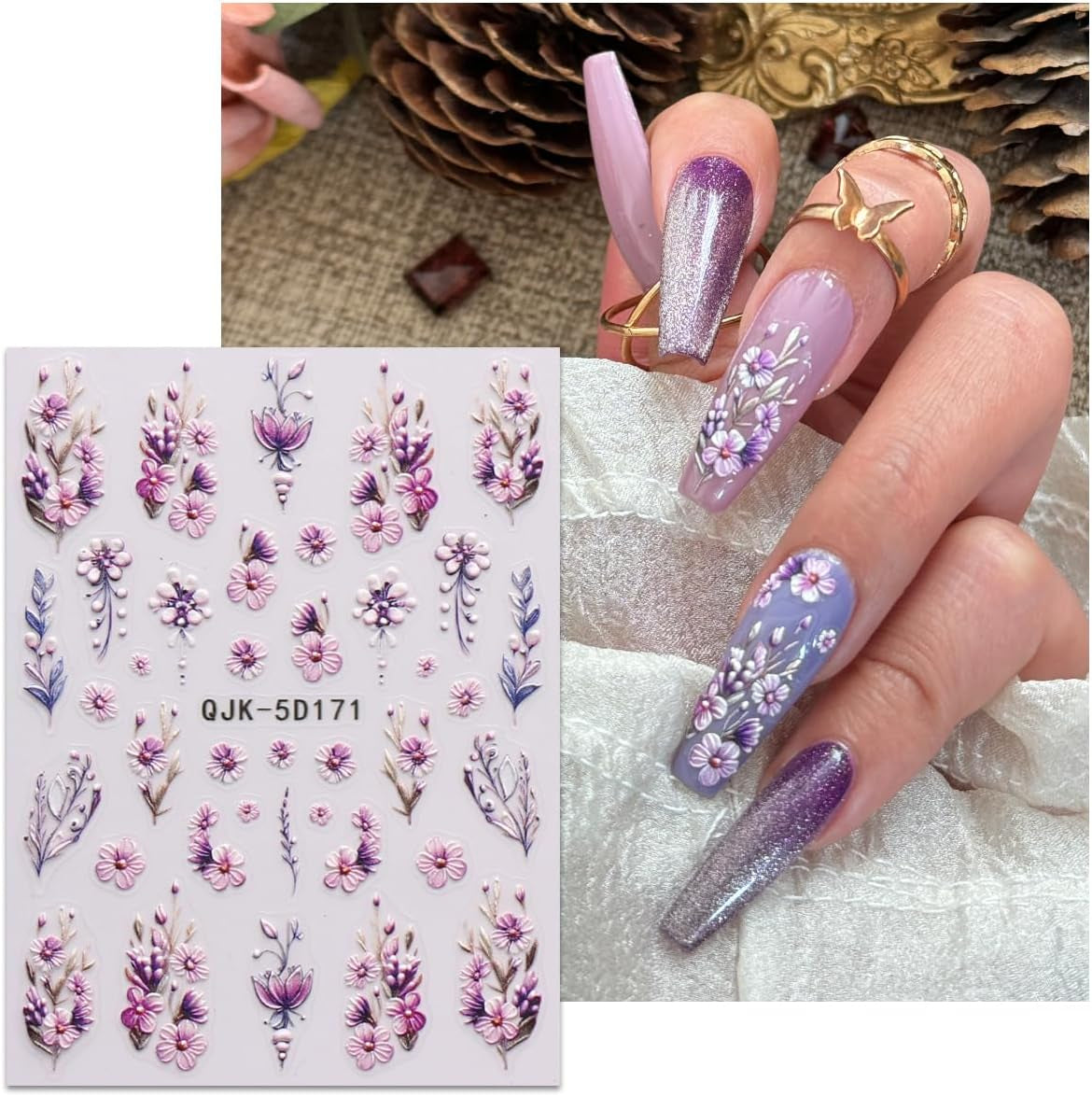 JMEOWIO 3D Nagelsticker Blumen Nail Art Sticker Selbstklebend Nagelaufkleber 5D Stereoskopisk Frühling Sommer Dekoration Nageldesign Zubehör 4 Blatt