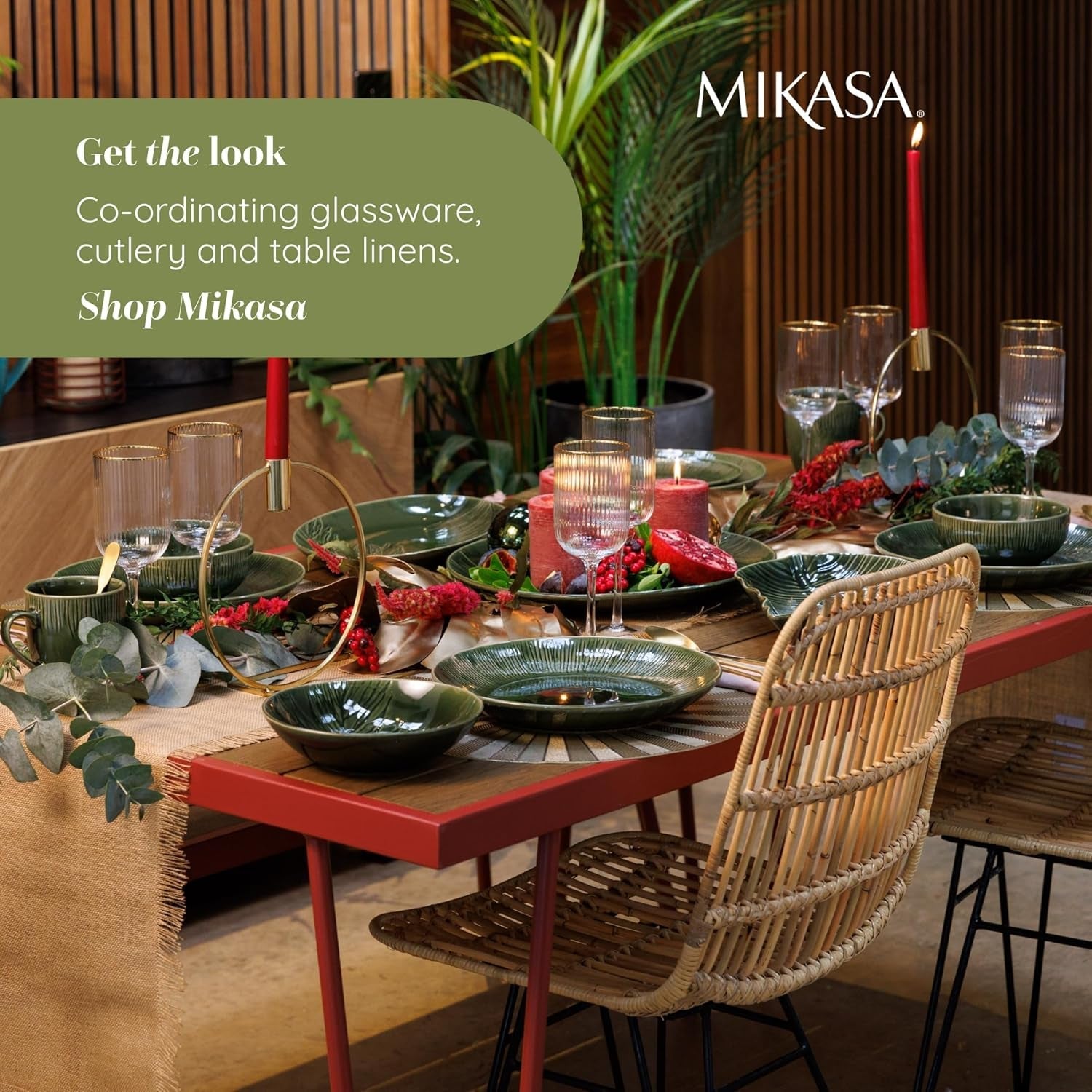 Mikasa Jardin 12-delt porcelænssæt, 4-personers stel i stentøj med tallerkener, sidetallerkener og skåle, grøn - gaveæske og tåler opvaskemaskine