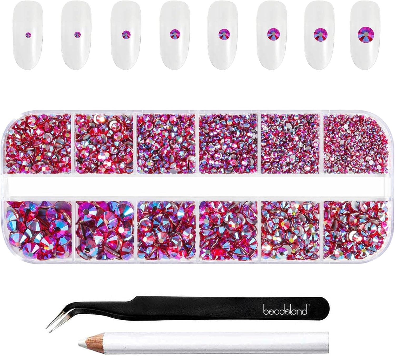 Beadsland 2500 stk Glas Nailart Strasssteine ​​​​Kristall Flatback Edelsteine ​​​​Runde, ​​Für Handwerk Gemischt 8 Größen SS4 ~ SS30 Mit Picking Pinzette Und Stift (Kristall Weiss)