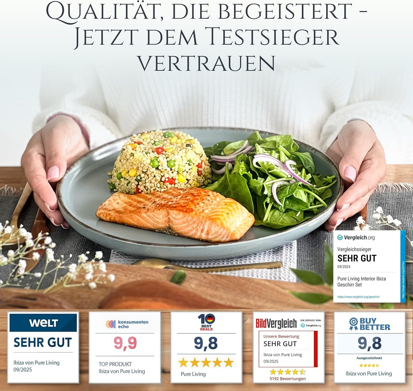 Steingut Geschirrset 6 Personen Rustik 24 tlg. TESTSIEGER, Hochwertiges Landhaussttil Steingut Geschirr Set, Schüssel- und Teller Set, Tafelservice 6 Personen, Geschirrsets Pure Living in Rauchblau