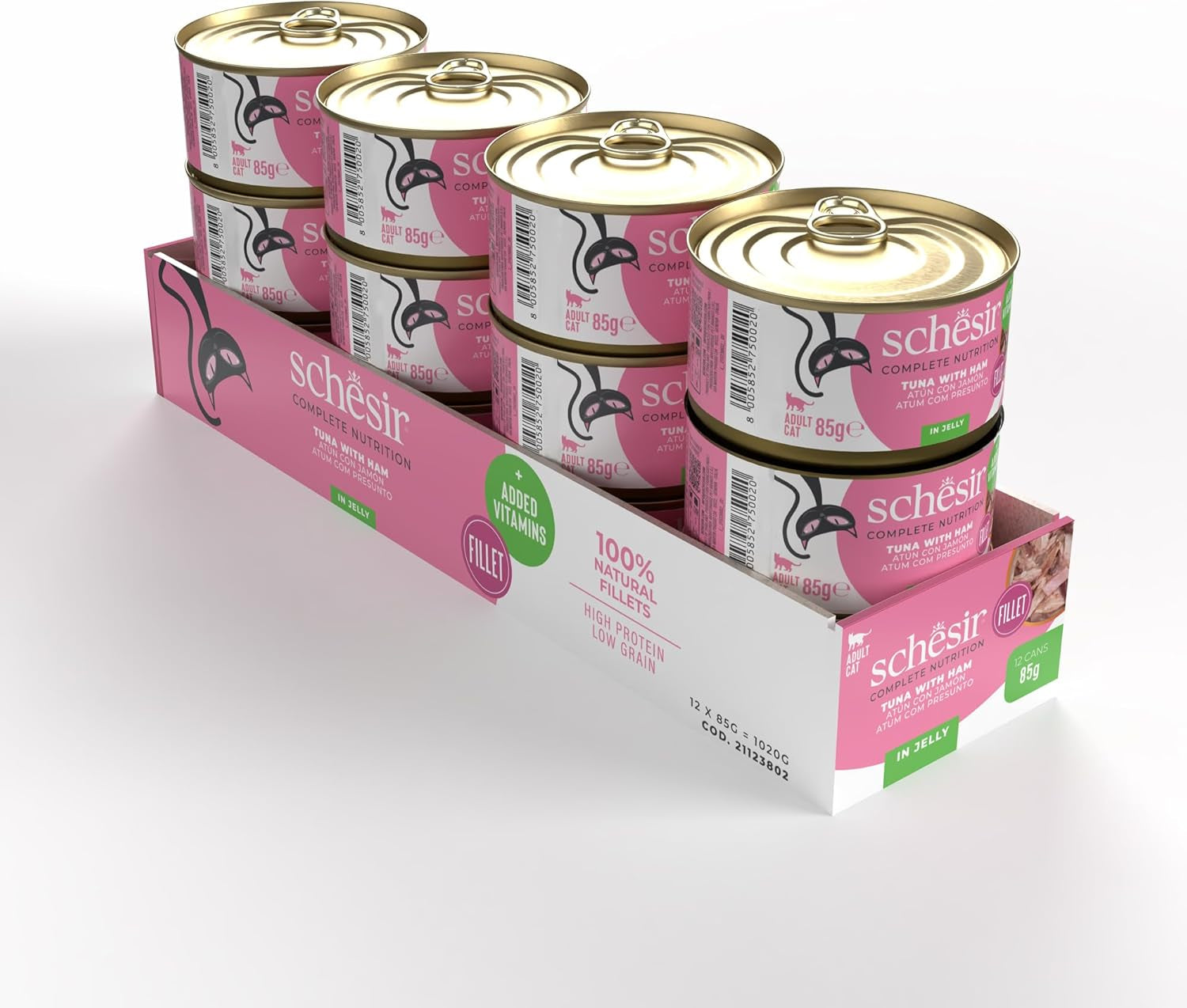 Tun med skinke i gelé, våd kattefoder, dåse, 100% naturlig, tilsat vitaminer, 12 x 85g