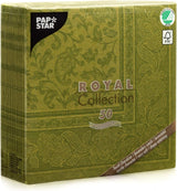 Papstar, 50 servietter "ROYAL Collection" 1/4 fold 40 Cm X 40 Cm olivengrøn "Ornaments", #81746