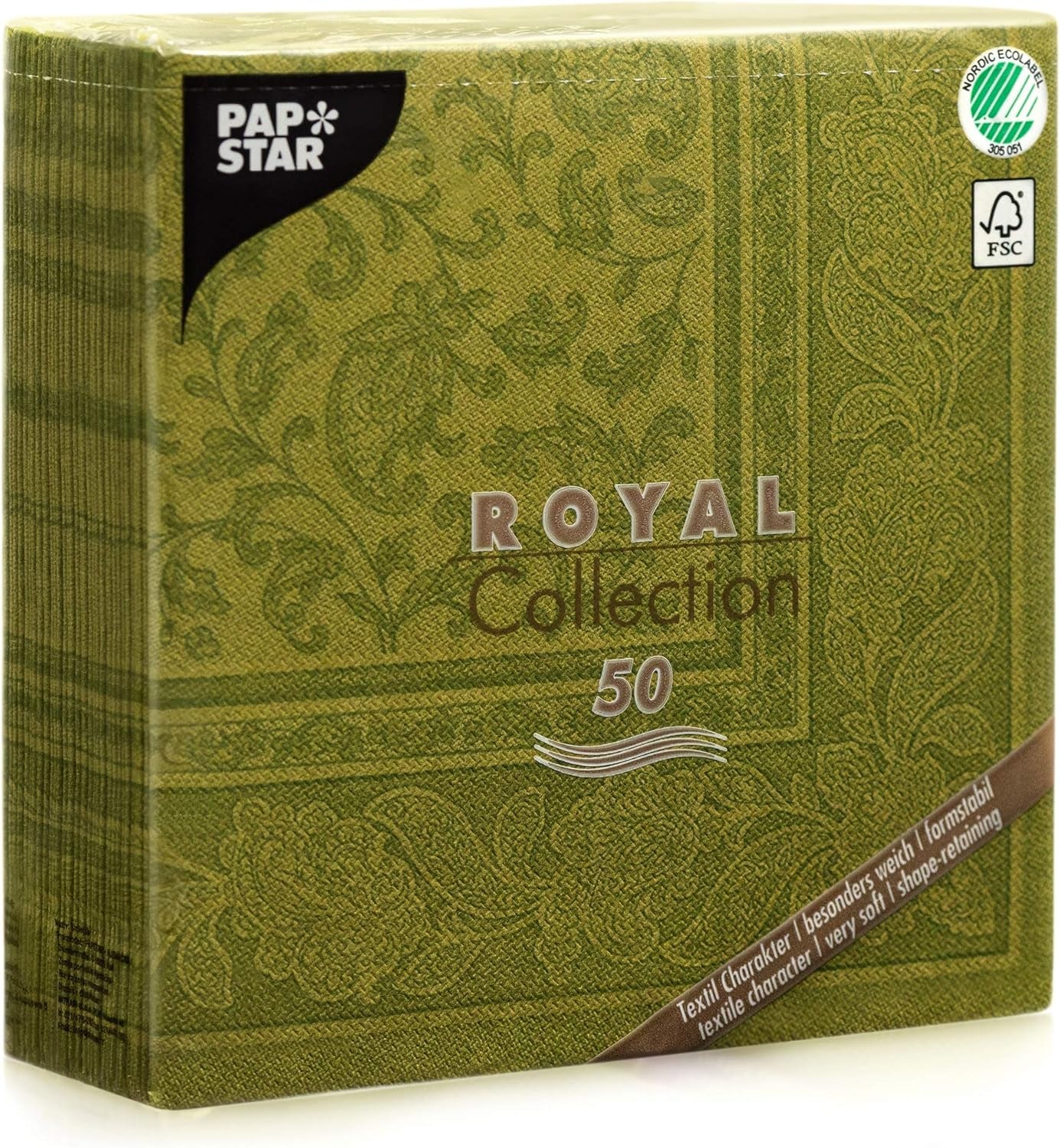 Papstar, 50 servietter "ROYAL Collection" 1/4 fold 40 Cm X 40 Cm olivengrøn "Ornaments", #81746