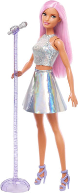 Barbie popstjernedukke klædt i funklende nederdel med mikrofon og lyserødt hår gave til 3-7 år gamle børn JCW42 blændende dukker Naty Shop iriserende