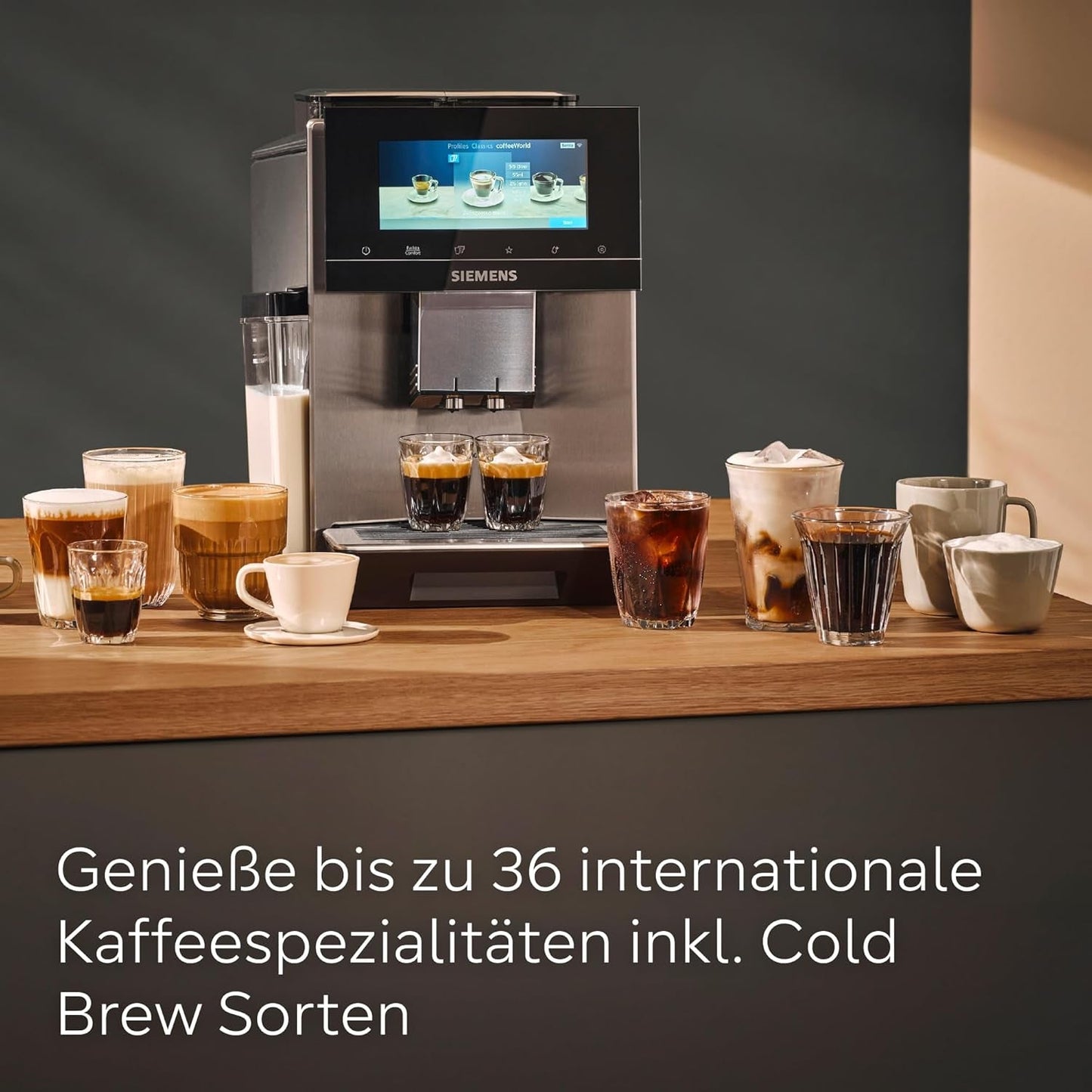 Siemens EQ900 automatisk espressomaskine, stor TFT-farveskærm, 2 bønnebeholdere, 36 varme og kolde drikke, kold kaffe, super støjsvag, to kopsfunktion, appkontrol, rustfrit stål, TQ907D03