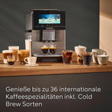 Siemens EQ900 automatisk espressomaskine, stor TFT-farveskærm, 2 bønnebeholdere, 36 varme og kolde drikke, kold kaffe, super støjsvag, to kopsfunktion, appkontrol, rustfrit stål, TQ907D03