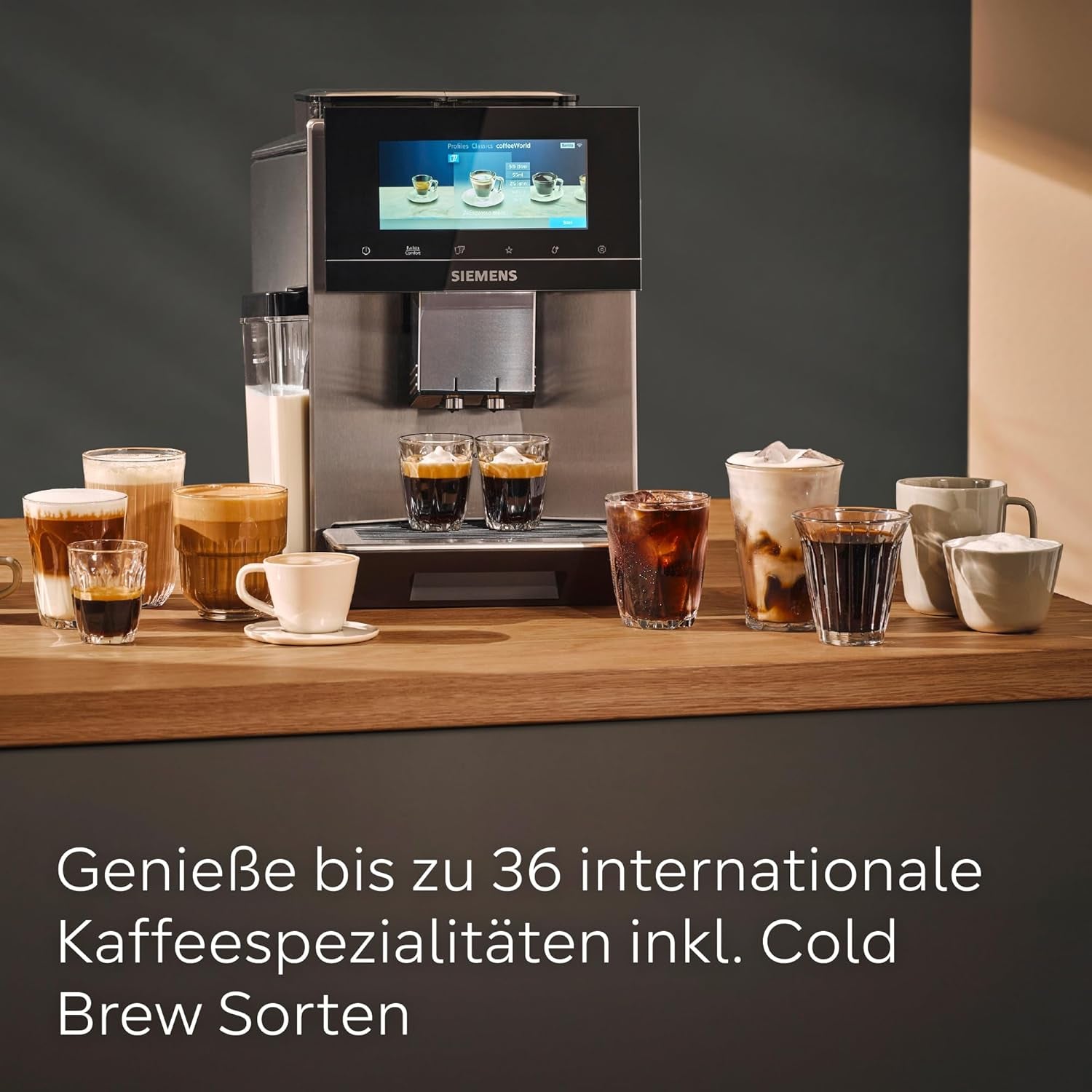 Siemens EQ900 automatisk espressomaskine, stor TFT-farveskærm, 2 bønnebeholdere, 36 varme og kolde drikke, kold kaffe, super støjsvag, to kopsfunktion, appkontrol, rustfrit stål, TQ907D03