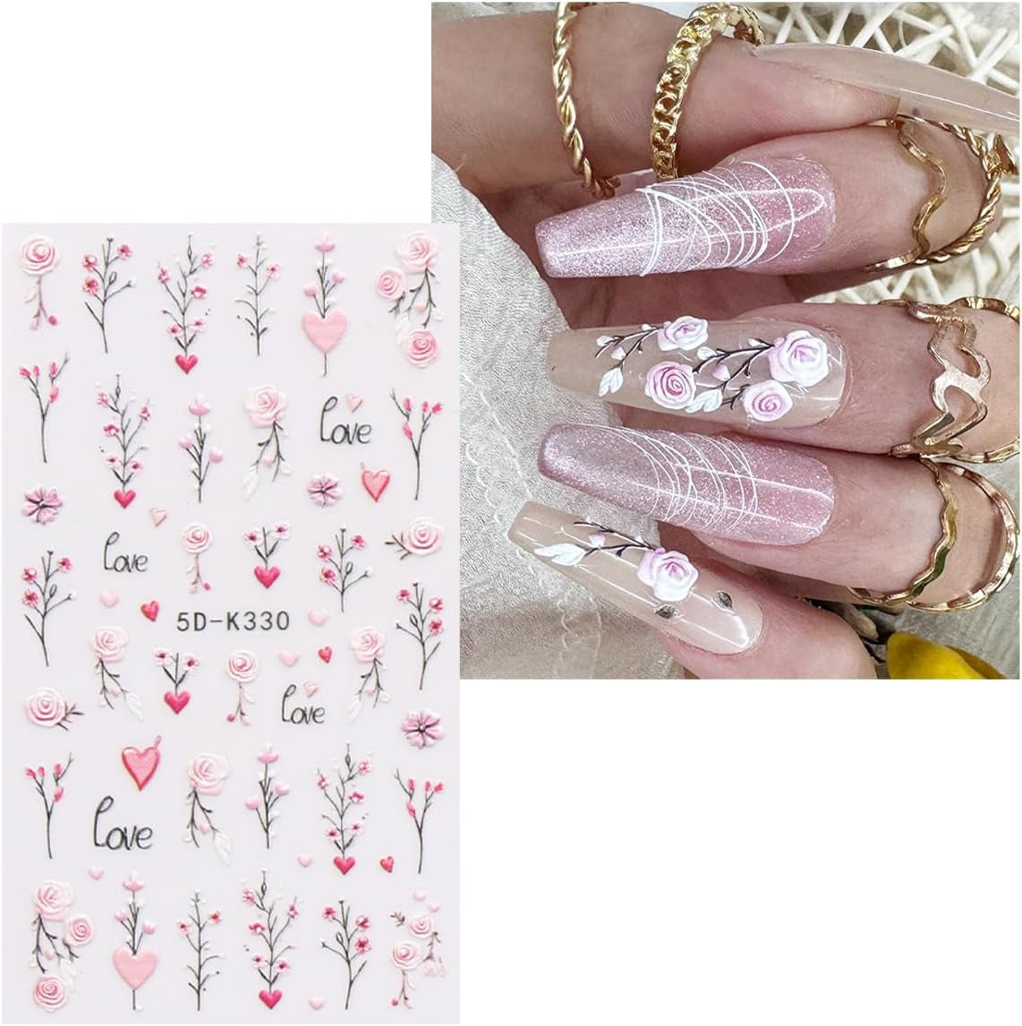 JMEOWIO 3D Nagelsticker Blumen Nail Art Sticker Selbstklebend Nagelaufkleber 5D Stereoskopisk Frühling Sommer Dekoration Nageldesign Zubehör 4 Blatt