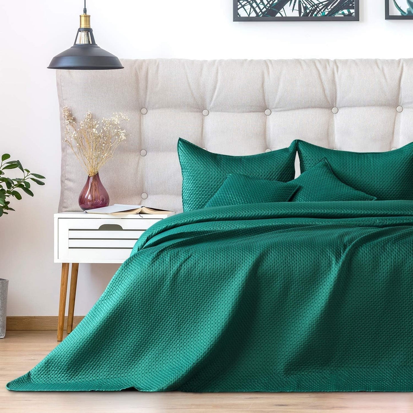 Ameliahome sengetæppe 200X220 Cm mørkegrønt sengetæppe med to prægede sider Matt Satin Carmen Senge og tæpper Besuche den AmeliaHome-Store