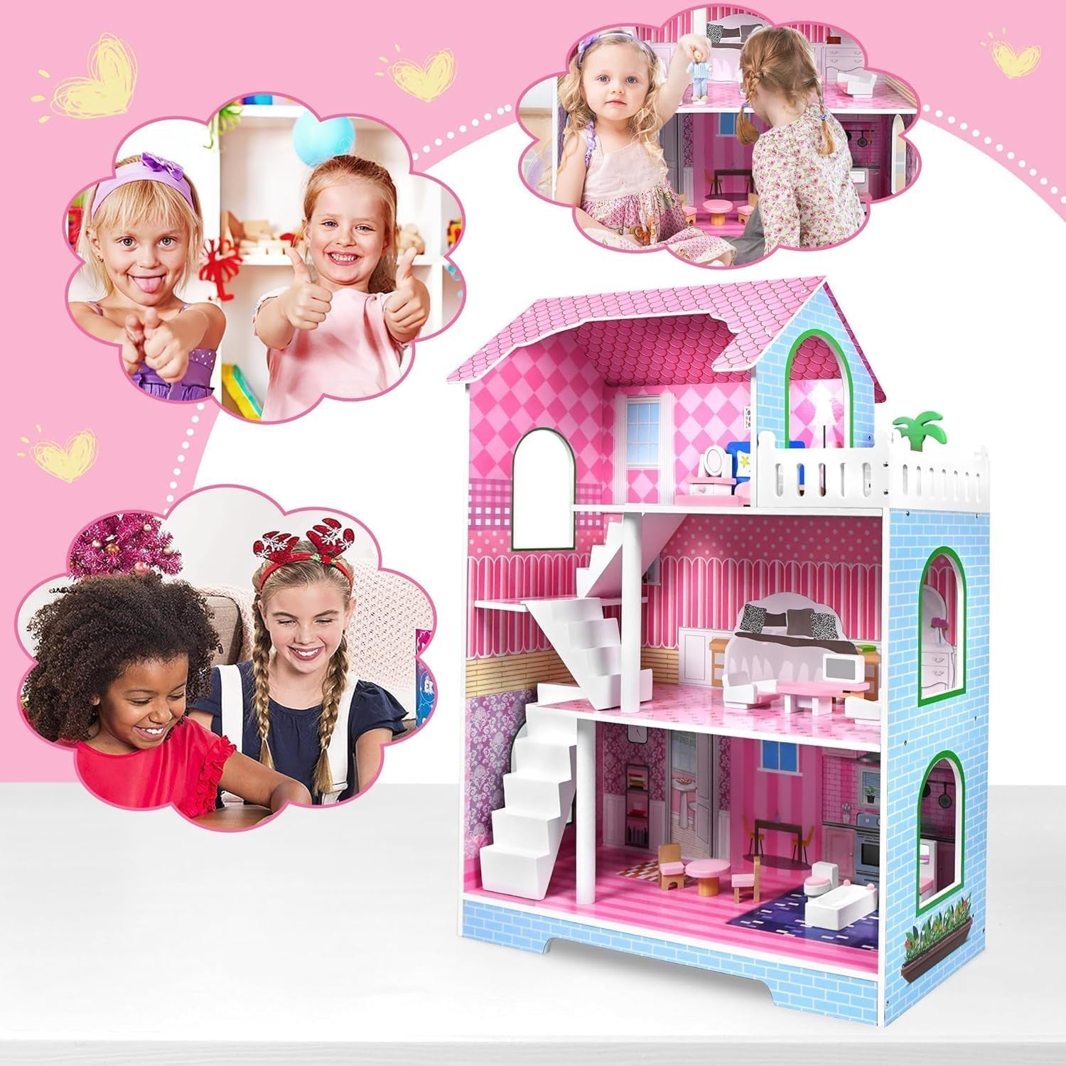 HENGMEI Puppenhaus Kinder Holz Puppenvilla Dukkehus Sæt Mädchen Spielset 3 Etagen Haus med Möbeln og tilbehør, 70x30x100cm Puppenhæuser for Kinder (Typ B)