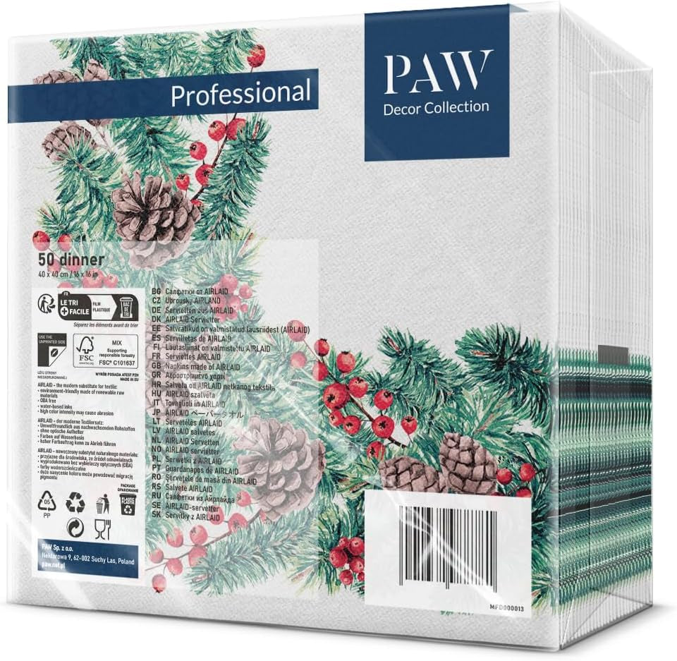 PAW - Airlaid servietter (40 X 40 Cm) I 50 stykker I Perfekt til jul, vinter, helligdage I Juleaften Bordpynt I Airlaid stoflignende servietter Vintergrene I Vintergrene