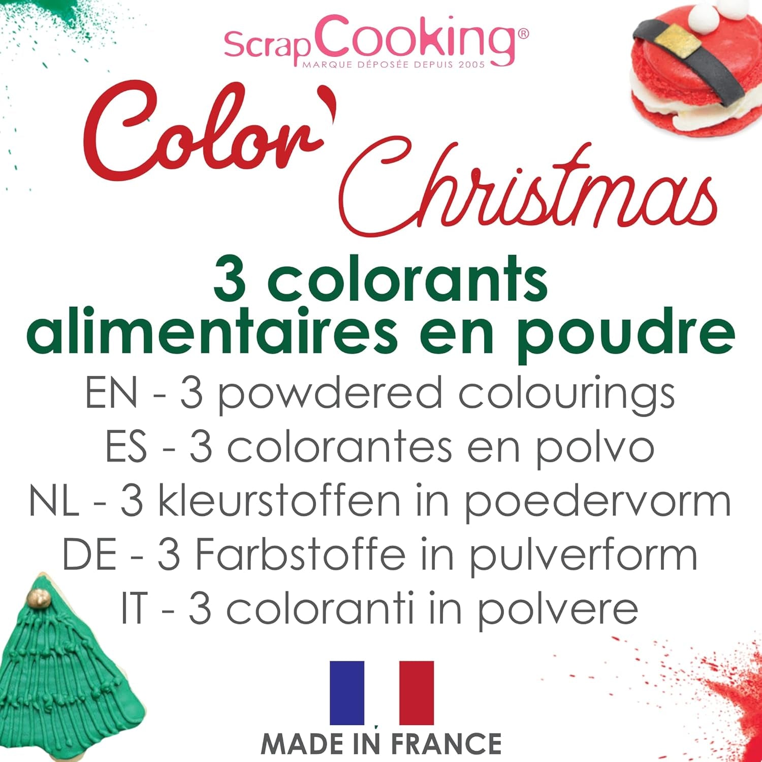Scrapcooking - Sæt med 3 julemadsfarve i pulverform - rød, grøn, guld - spiselig madfarve til bagning, kager, småkager, kager, dej, fondant - julepynt - 4018