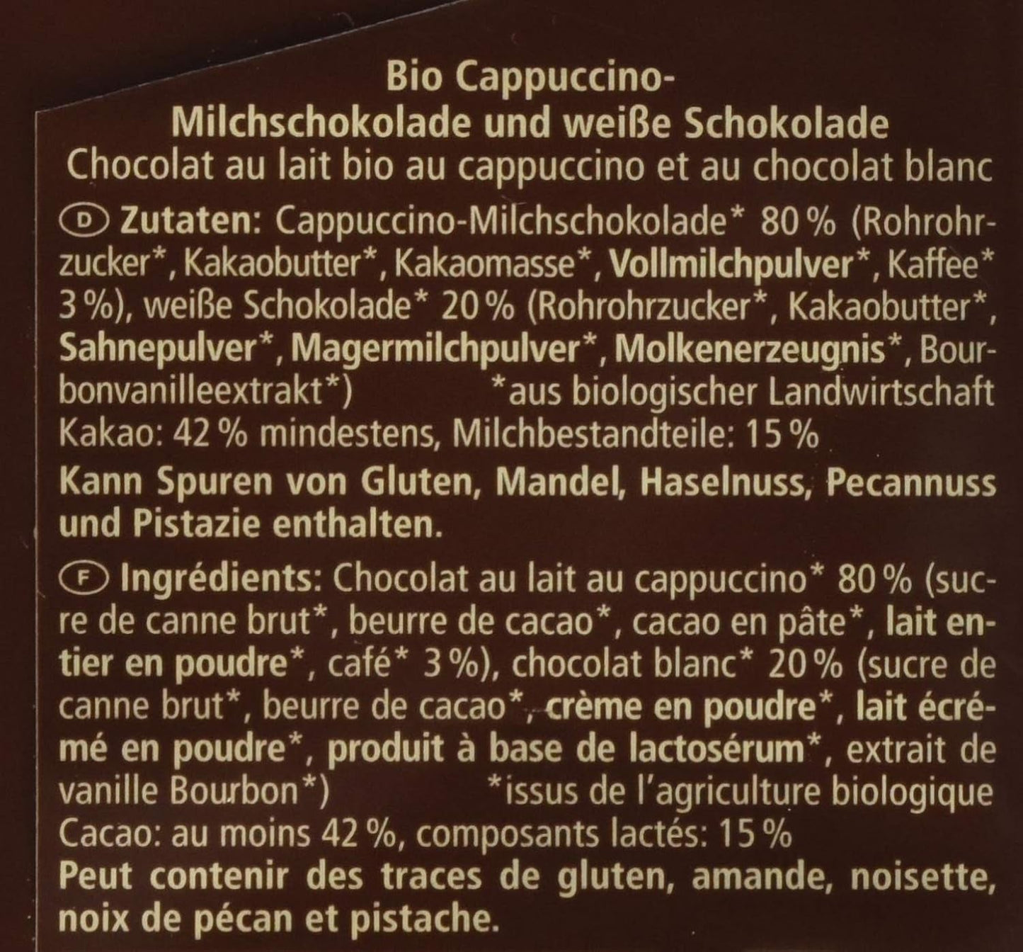 Økologisk chokolade fyldt med cappuccino, 100g