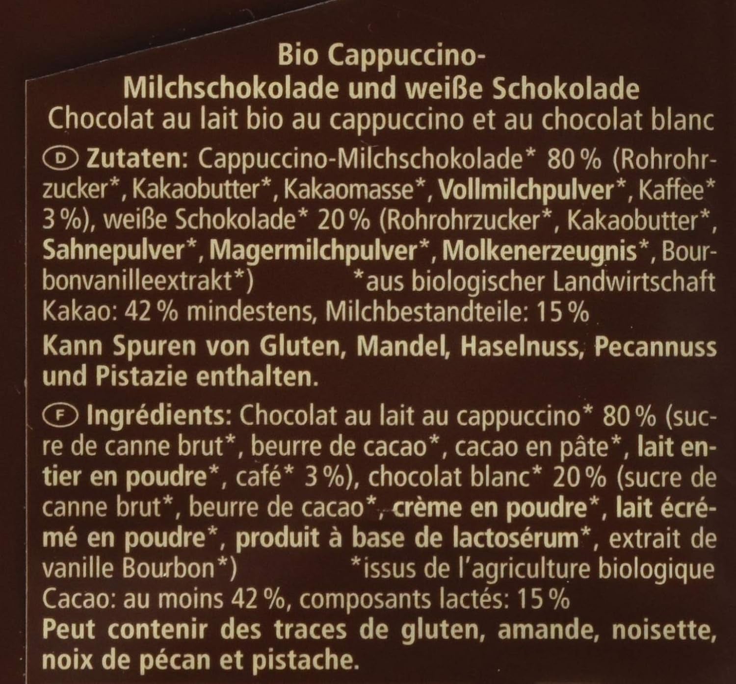Økologisk chokolade fyldt med cappuccino, 100g
