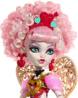 Monster High Skræmmende sød fødselsdag Amor Asteria dukke i pink og rød festkjole med tematilbehør som invitation, ballon, gave og mere, JBG77