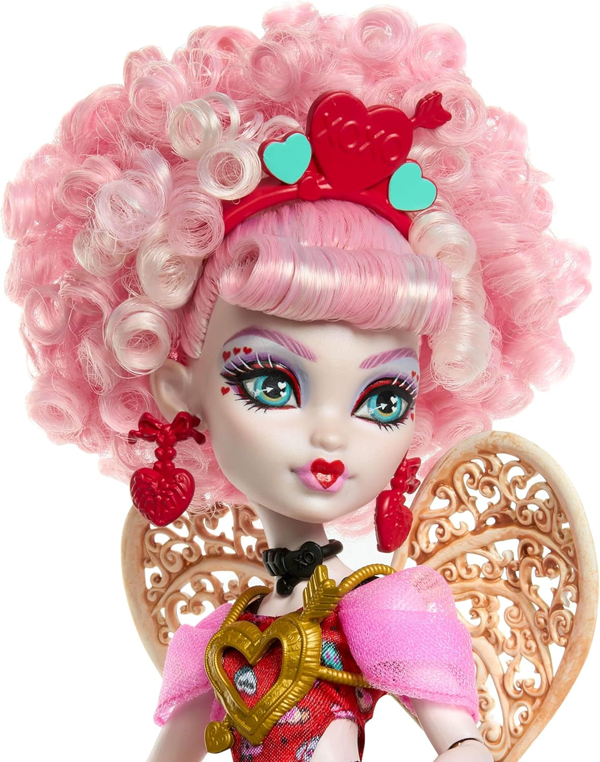 Monster High Skræmmende sød fødselsdag Amor Asteria dukke i pink og rød festkjole med tematilbehør som invitation, ballon, gave og mere, JBG77