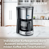 SEVERIN "TypeSwitch" espressomaskine med glaskaraffel og timer, AromaSwitch til valg af 2 bryggemuligheder, digitalt ur med timerfunktion, til op til 10 kopper, 1000W, børstet rustfrit stål-sort, KA 4826