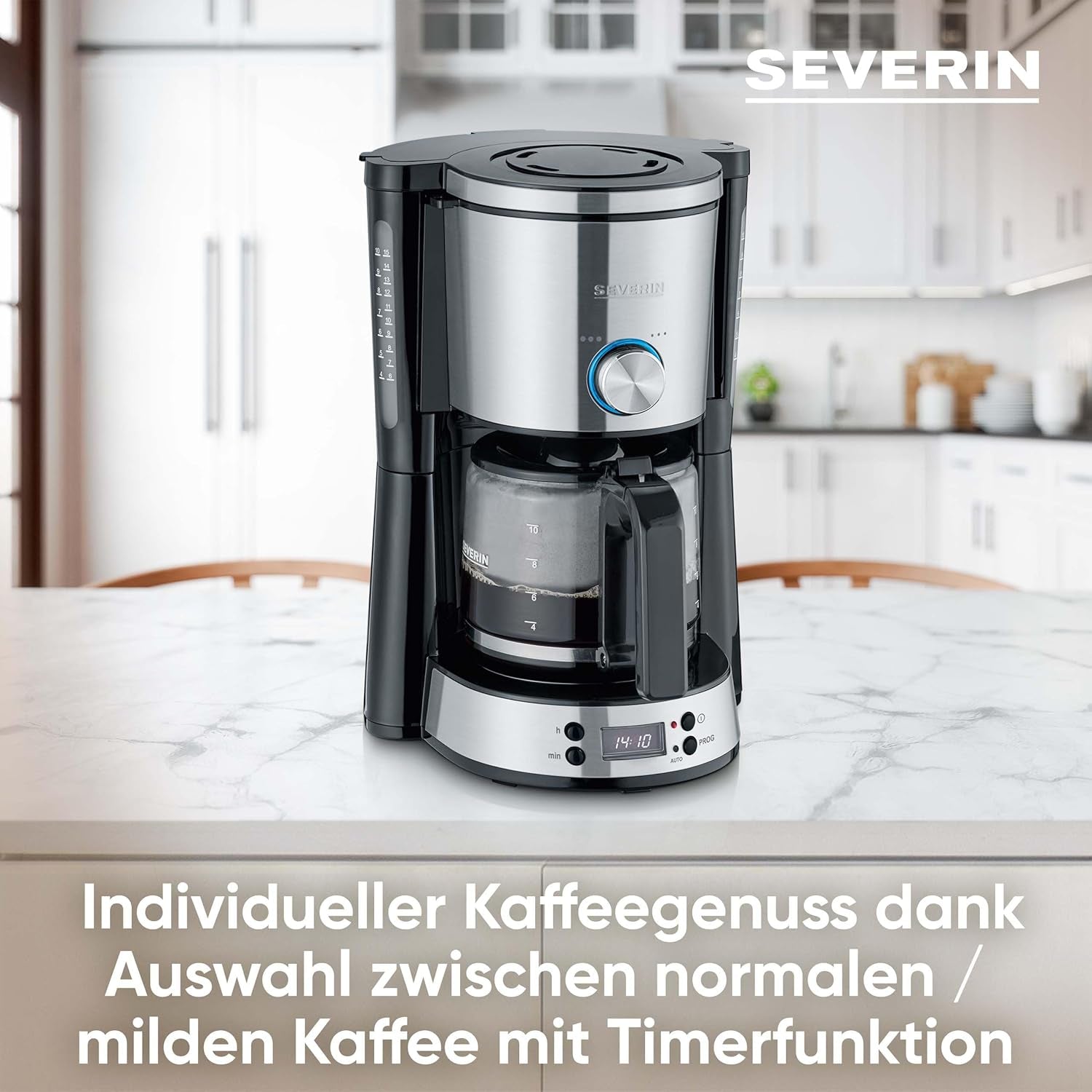 SEVERIN "TypeSwitch" espressomaskine med glaskaraffel og timer, AromaSwitch til valg af 2 bryggemuligheder, digitalt ur med timerfunktion, til op til 10 kopper, 1000W, børstet rustfrit stål-sort, KA 4826