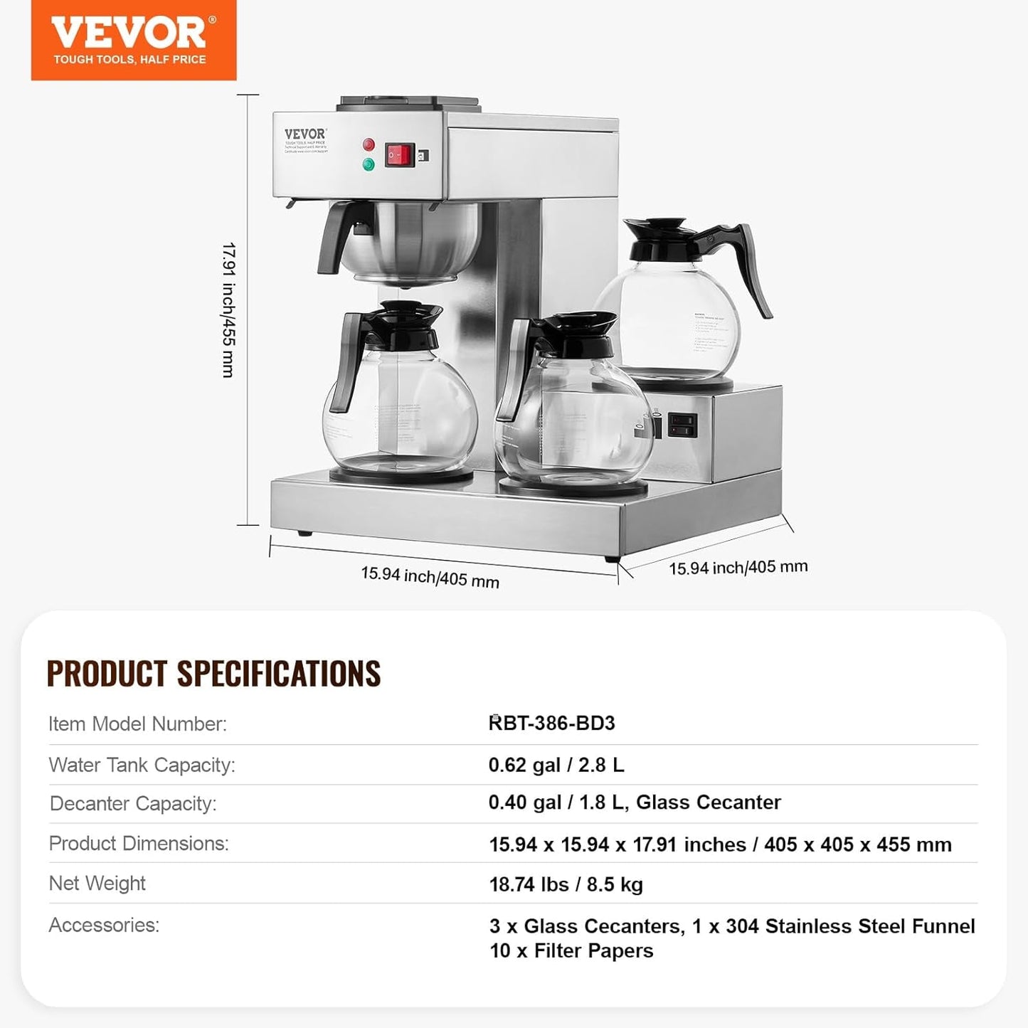 VEVOR kommerciel espressomaskine med 12 kopper filter med 3 glaskander og 3 varmeplader Espressomaskine i rustfrit stål med automatisk vandforsyning til restaurantkontorkaffe