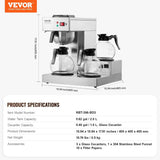 VEVOR kommerciel espressomaskine med 12 kopper filter med 3 glaskander og 3 varmeplader Espressomaskine i rustfrit stål med automatisk vandforsyning til restaurantkontorkaffe