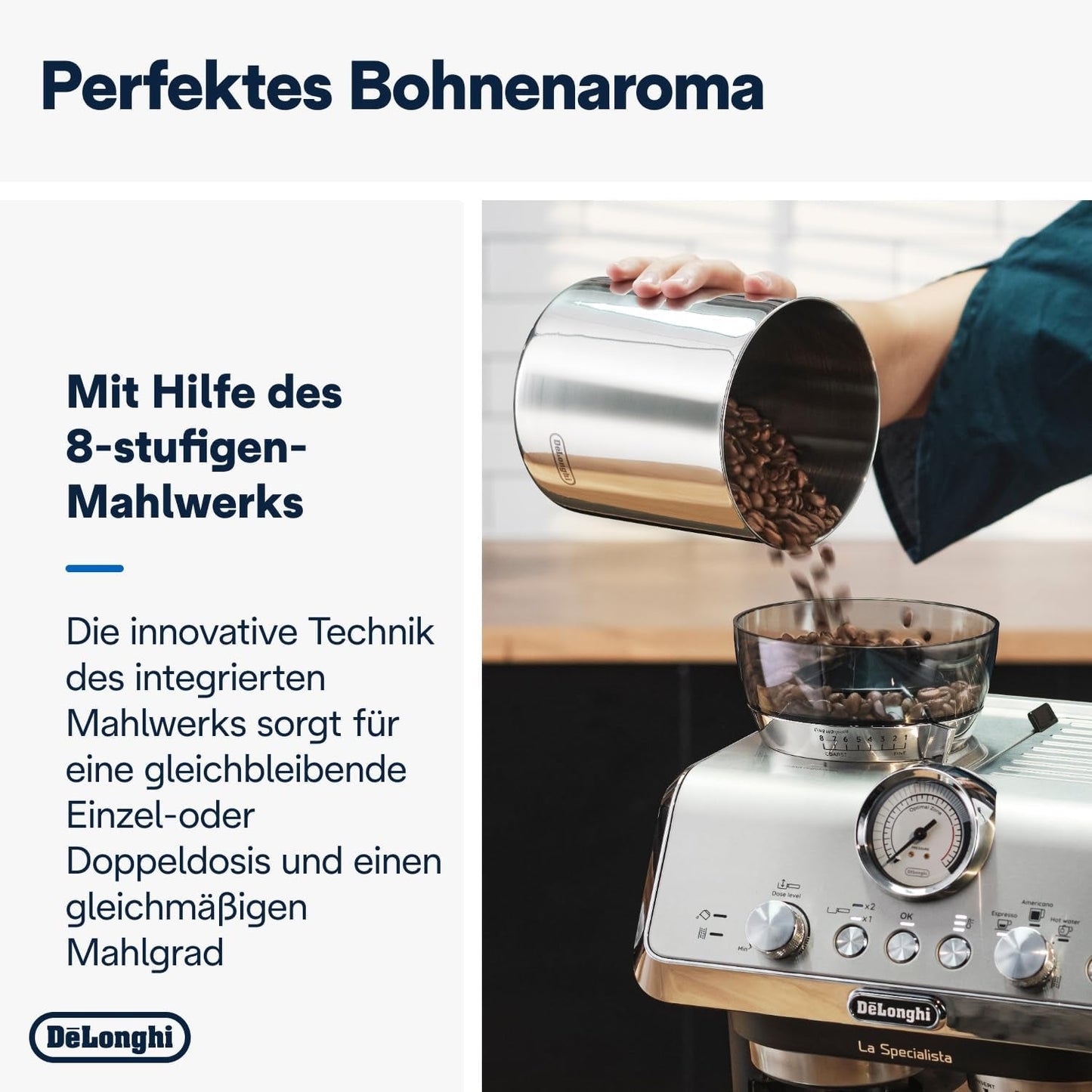 De'Longhi La Specialista Arte EC9155.MB portafilter espressomaskine med kværn, 8 maleindstillinger, 15 bar tryk, 3 temperaturindstillinger, mælkeskummer, 1550W, 1,7L tank, rustfrit stål/sort, inklusive barista kit
